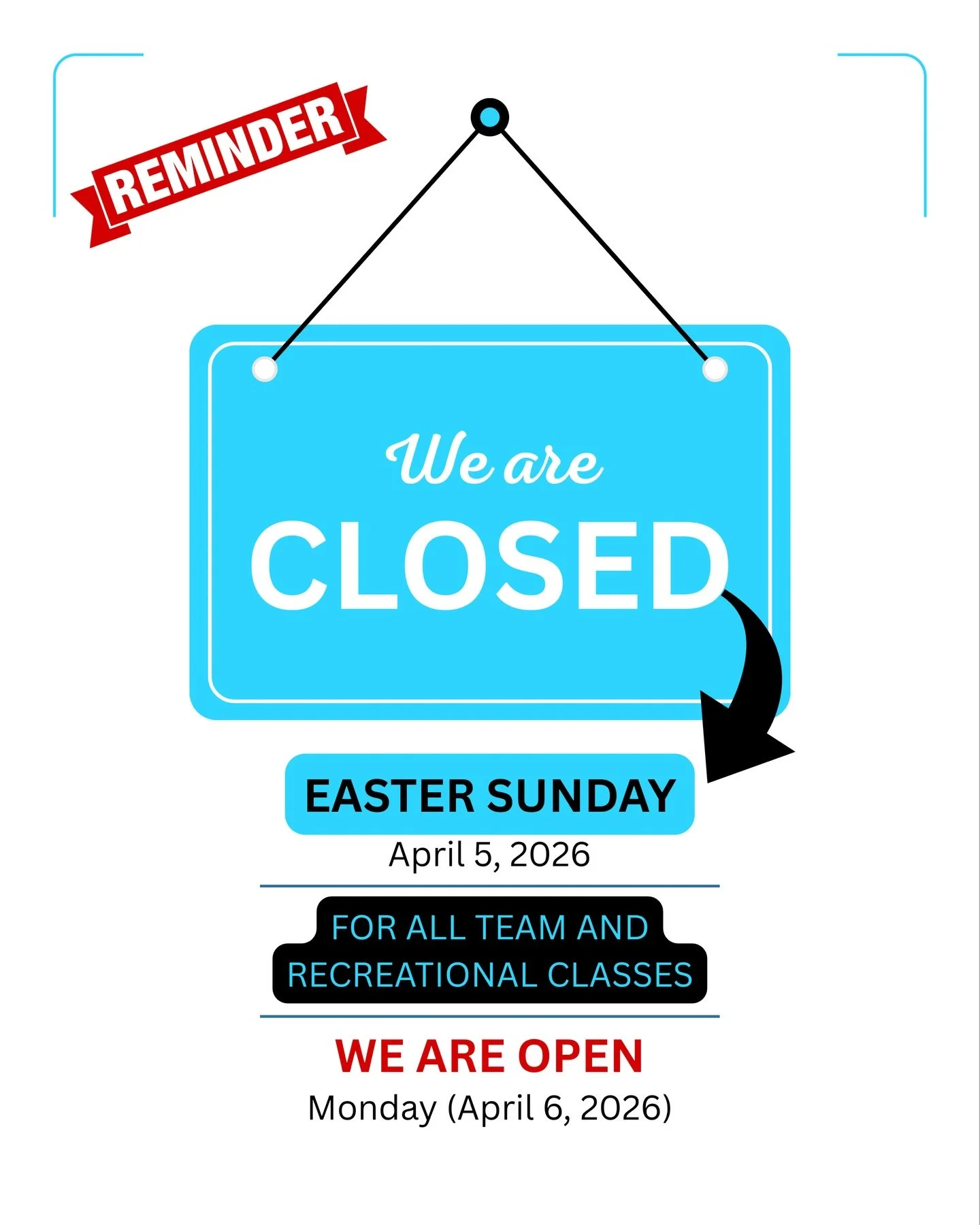 🚨Holiday Reminder:  We are CLOSED on Easter Sunday (April 5) for all Recreational classes &amp; Team Practices.  The gym is open &amp; resuming regular scheduled classes on Monday April 6!

⚠️ ALL RECREATIONAL CLASSES WILL BE OPERATING AS NORMAL DUR