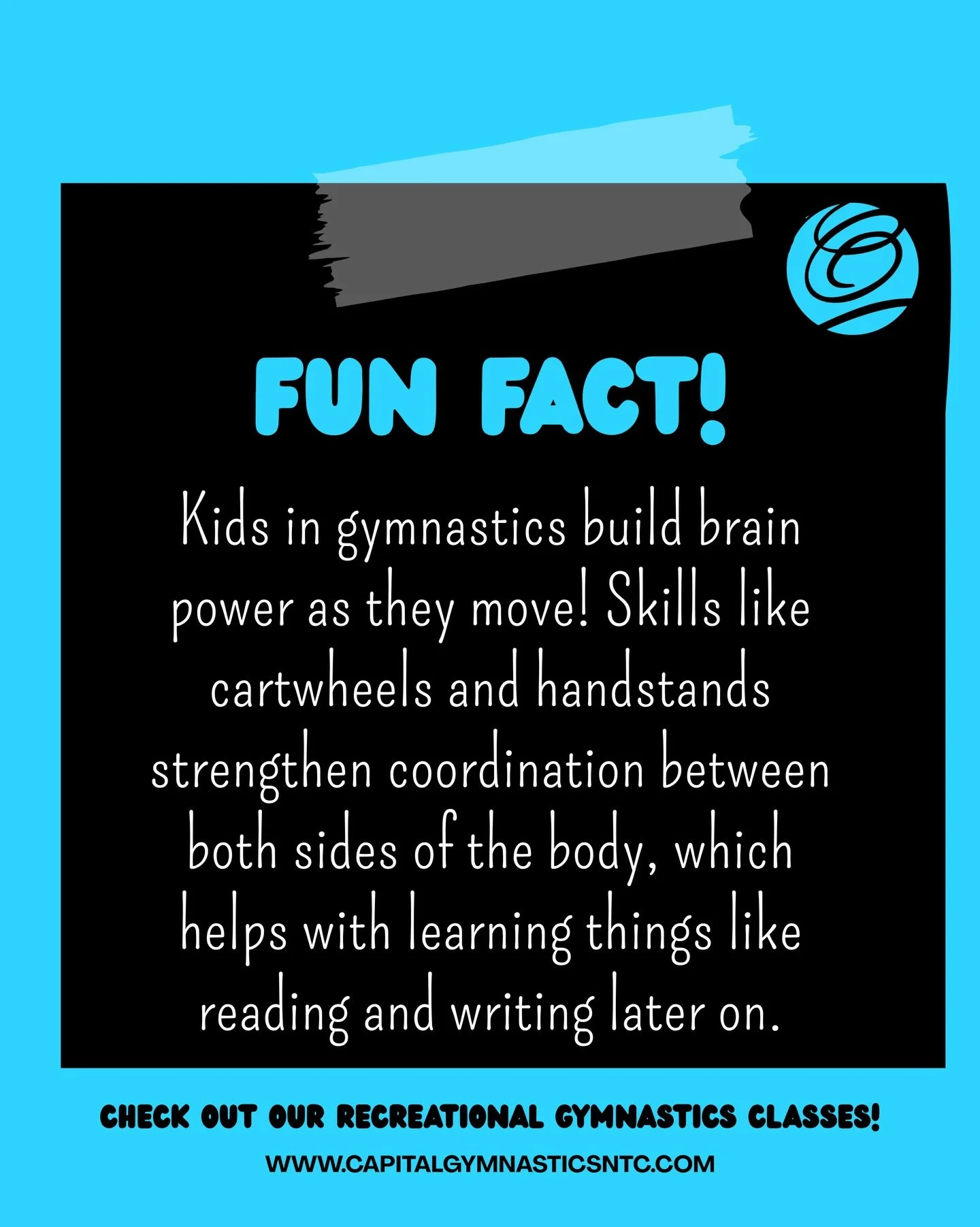 Fun Fact! ⭐️ Young children in gymnastics often develop balance and coordination faster than in many other sports because their bodies are still learning basic movement patterns. Skills like cartwheels and handstands actually help strengthen the brai