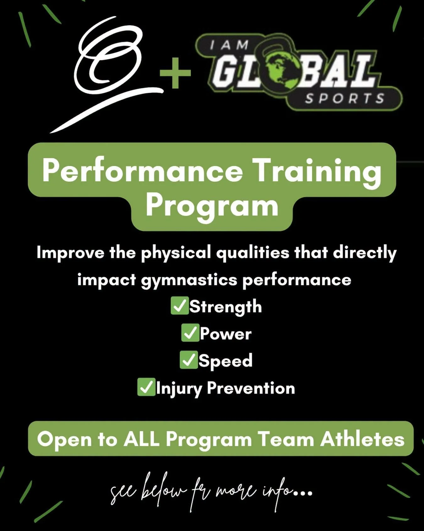 ✨Performance Training Program is open to ALL team athletes, including:
*Girls Compulsory &amp; Optional
*Xcel
*Boys Team
*Cheerleading
*T&amp;T

✅Training will be led by Anthony Melvin, Athletic Performance Trainer and Owner of I Am Global Sports.
An