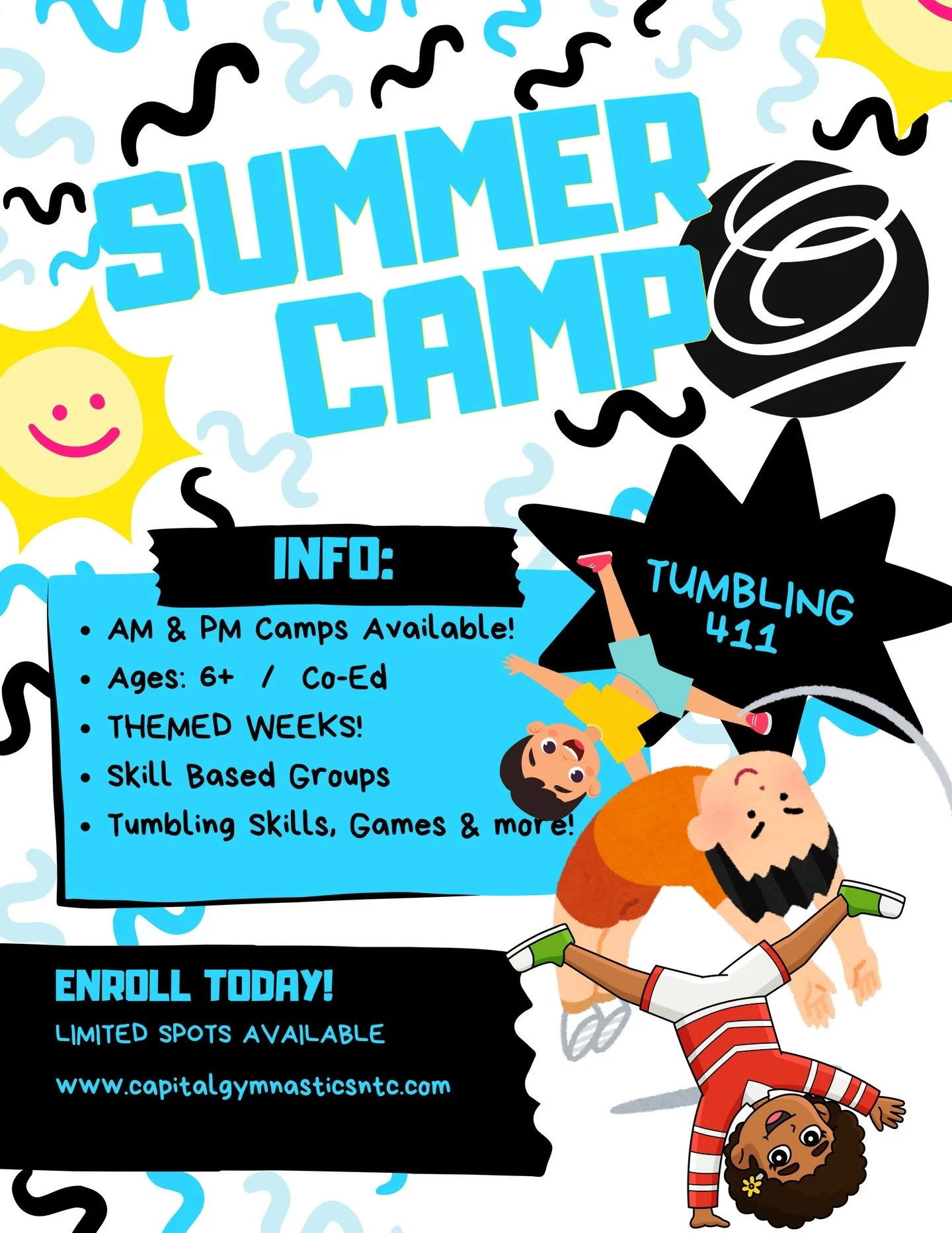 🔔 Summer Camp 411 - TUMBLING Edition! 
⭐️Ages 6+  COED
⭐️AM &amp; PM Sessions Available
🔔Check out our previous post to see the 2026 Summer Camp THEMES! 
🎉🎉🎉 Limited Spots Available: ENROLL TODAY!

#burkeva #capitalgymnasticsntc #burkevasummerca