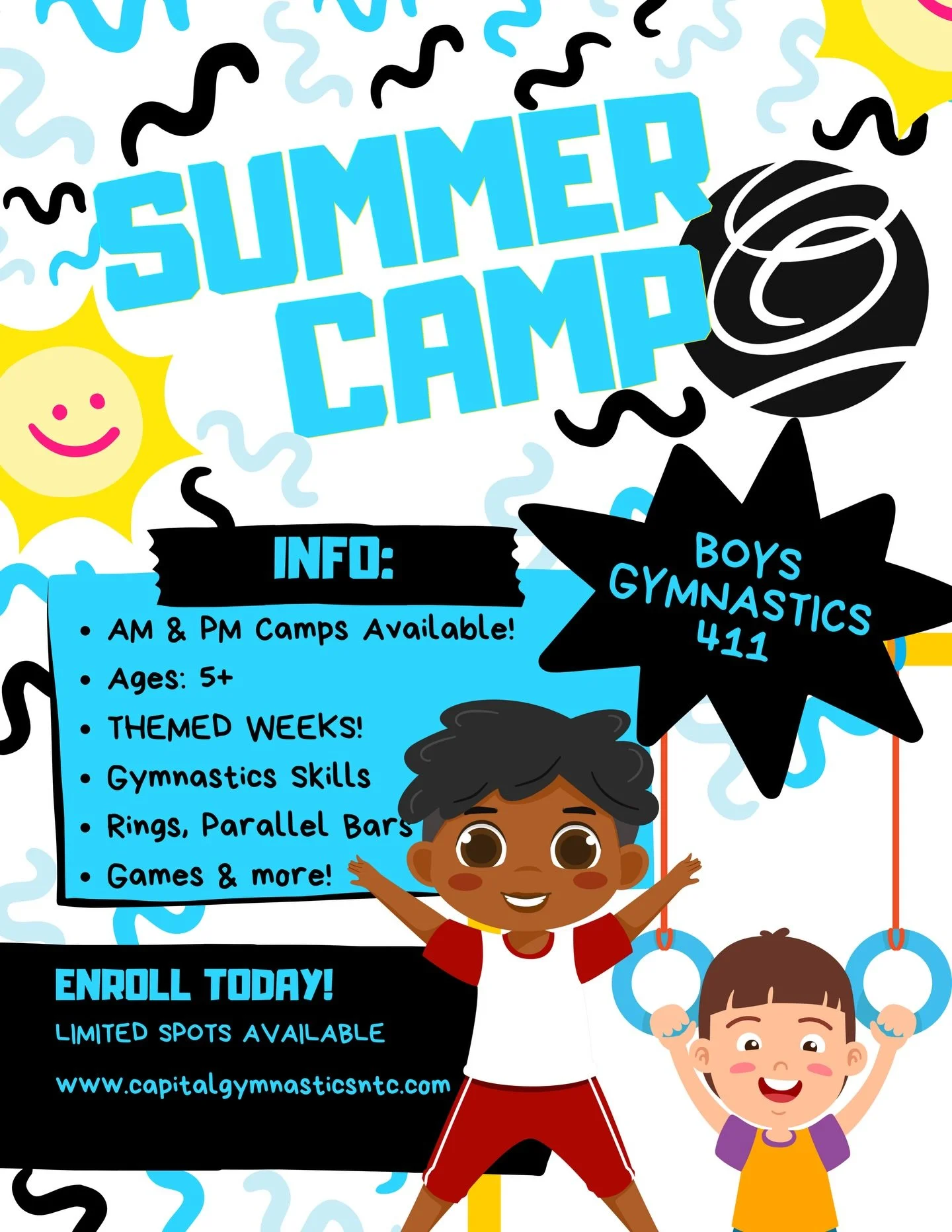 🔔 Summer Camp 411 - BOYS GYMNASTICS Edition! 
⭐️Ages 5+
⭐️AM &amp; PM Sessions Available
🔔Check out our previous post to see the 2026 Summer Camp THEMES! 
🎉🎉🎉 Limited Spots Available: ENROLL TODAY!

#burkeva #capitalgymnasticsntc #burkevasummerc