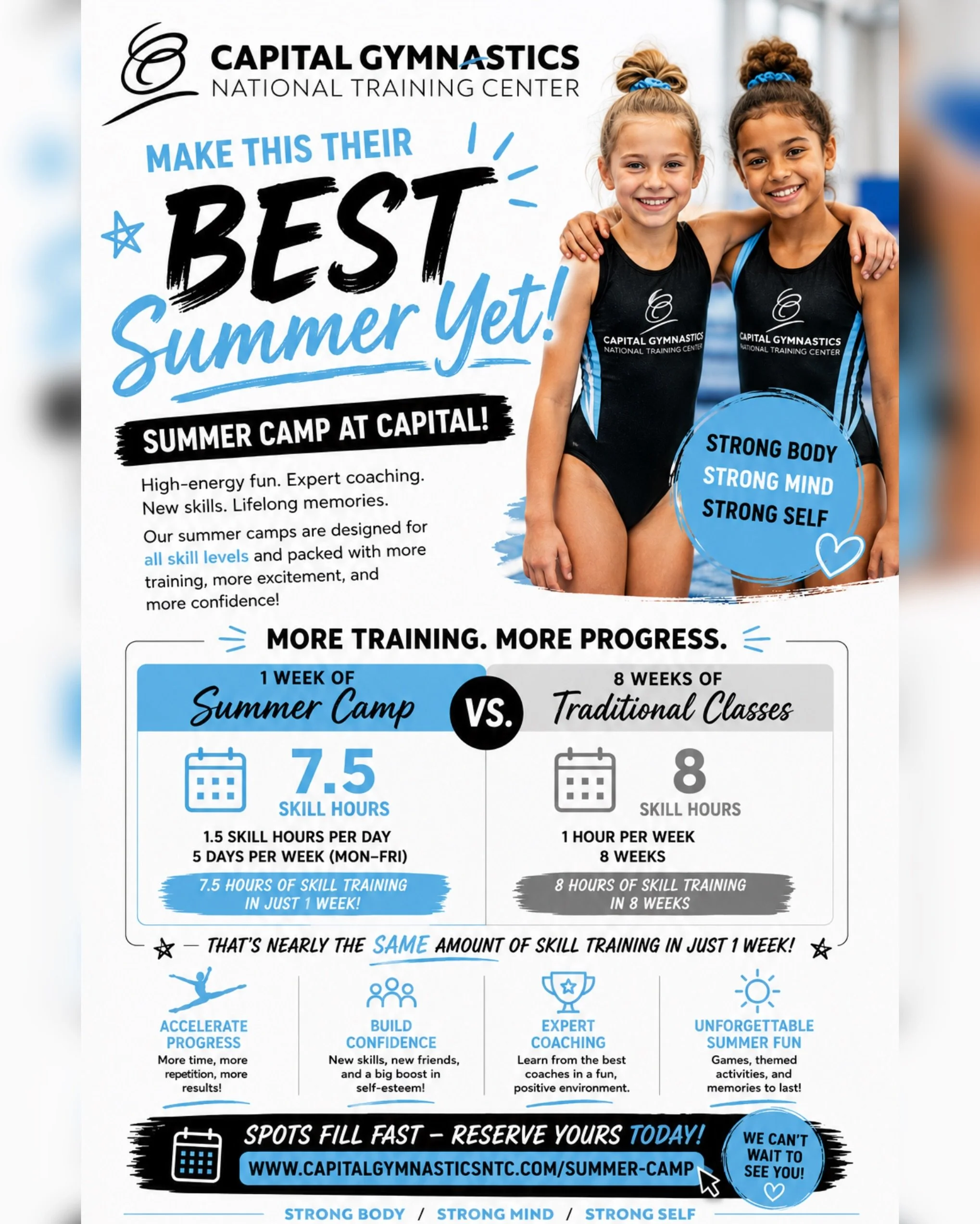 ☀️🤸&zwj;♀️ Make this their BEST summer yet at Capital Gymnastics!

Our Summer Camp is packed with high-energy fun, expert coaching, confidence-building, and skill training for ALL levels 💙💪

✨ More training. More progress. More confidence.
In just