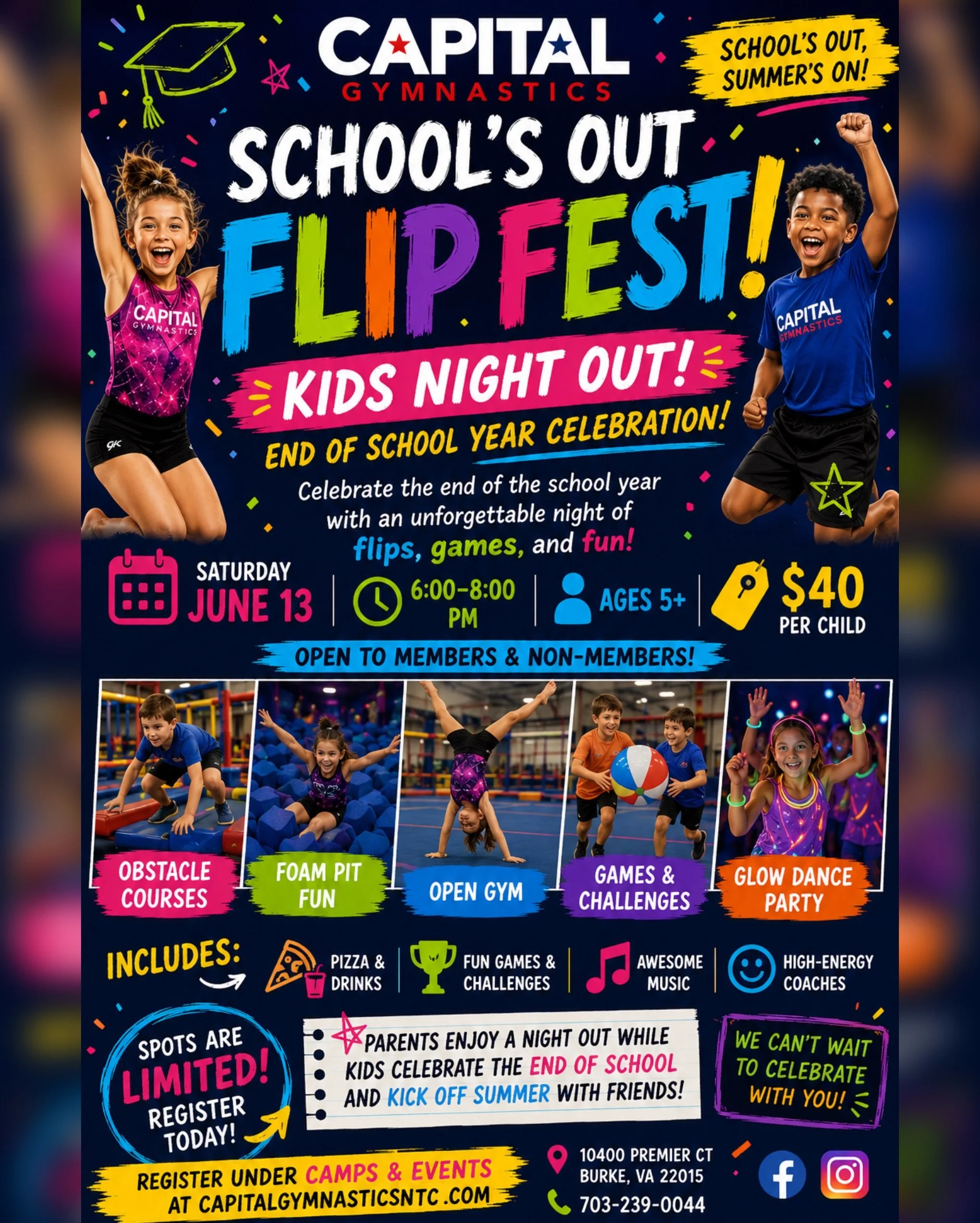 🎉 SCHOOL&rsquo;S OUT&hellip; and we&rsquo;re flipping into summer! ☀️🤸&zwj;♀️

Join us for our School&rsquo;s Out Flip Fest Kids Night Out at Capital Gymnastics! 🎈 From obstacle courses and foam pit fun to open gym, games, pizza, music, and a glow