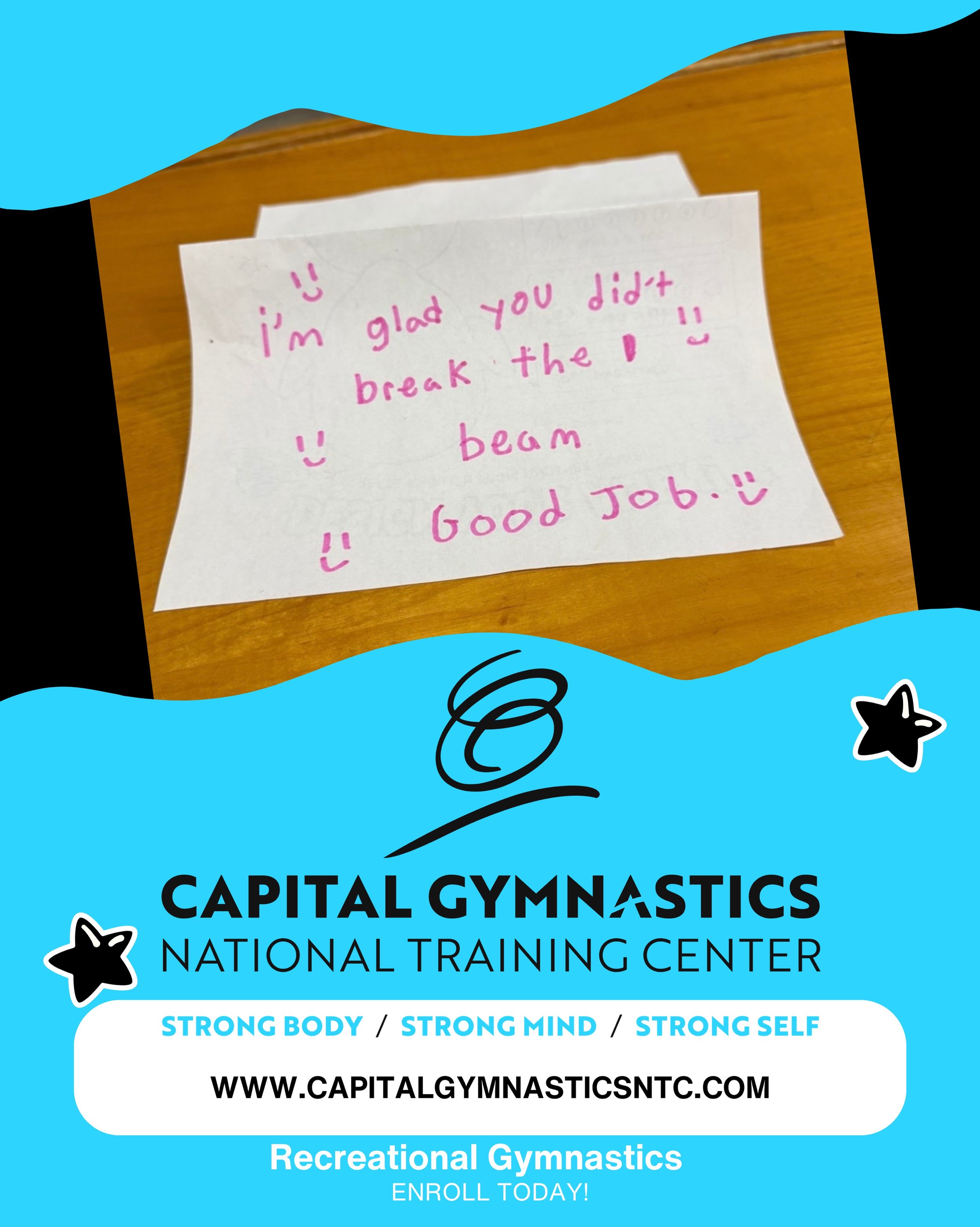 Nothing says &ldquo;welcome back to gymnastics&rdquo; quite like a motivational note from the bleachers. 😂💗

First week back is off to an incredible start! 

✨✨ CLICK THE LINK IN OUR BIO TO LEARN MORE ABOUT OUR RECREATIONAL CLASSES! ✨✨