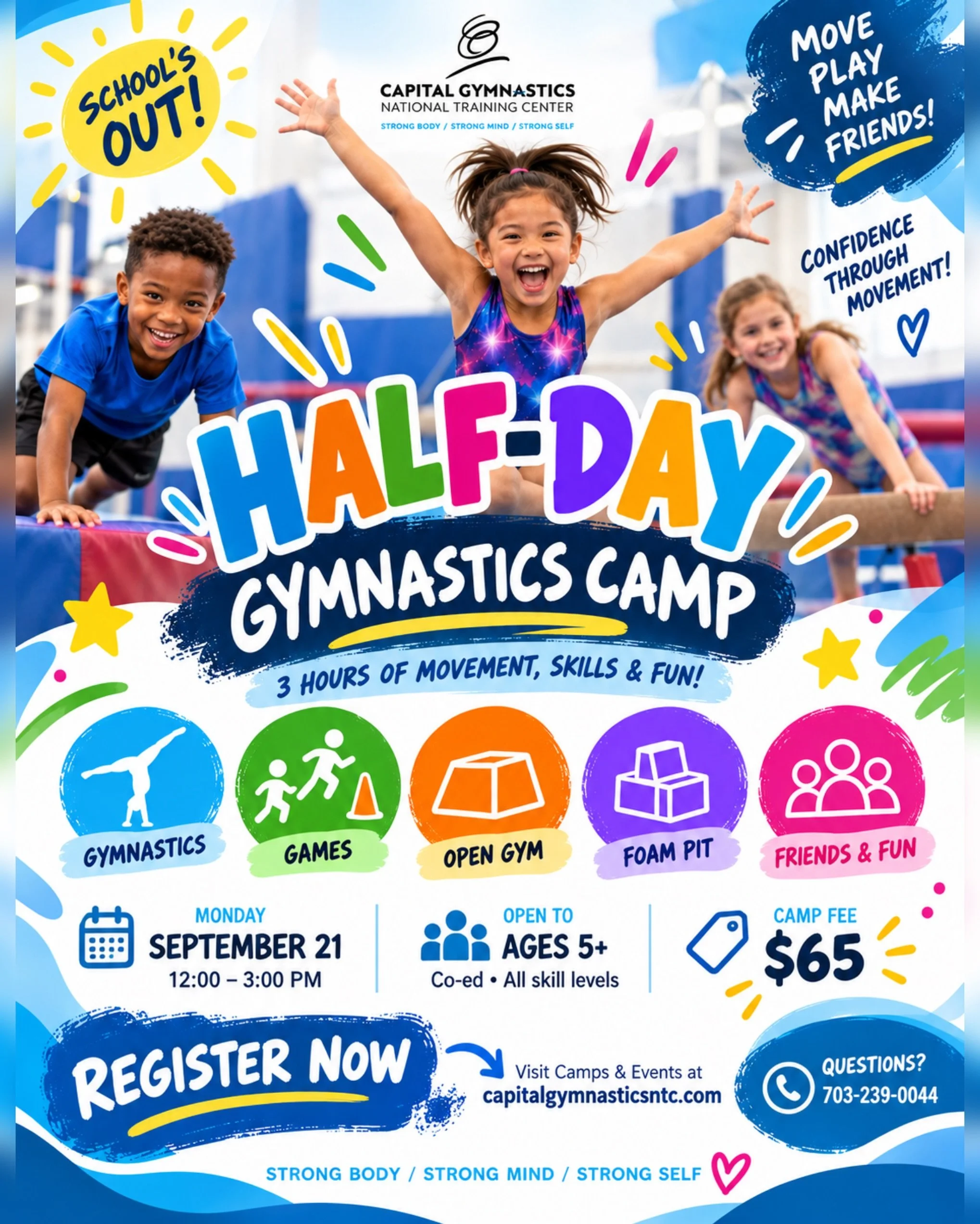 🤸&zwj;♀️ School&rsquo;s out&hellip; it&rsquo;s time to PLAY! 🎉

Keep the kids moving, learning, and having fun with our Half-Day Gymnastics Camp at Capital Gymnastics! 💙✨

🎪 3 hours of movement, skills &amp; fun!
🤸 Gymnastics
🎮 Games
🏃 Open Gy