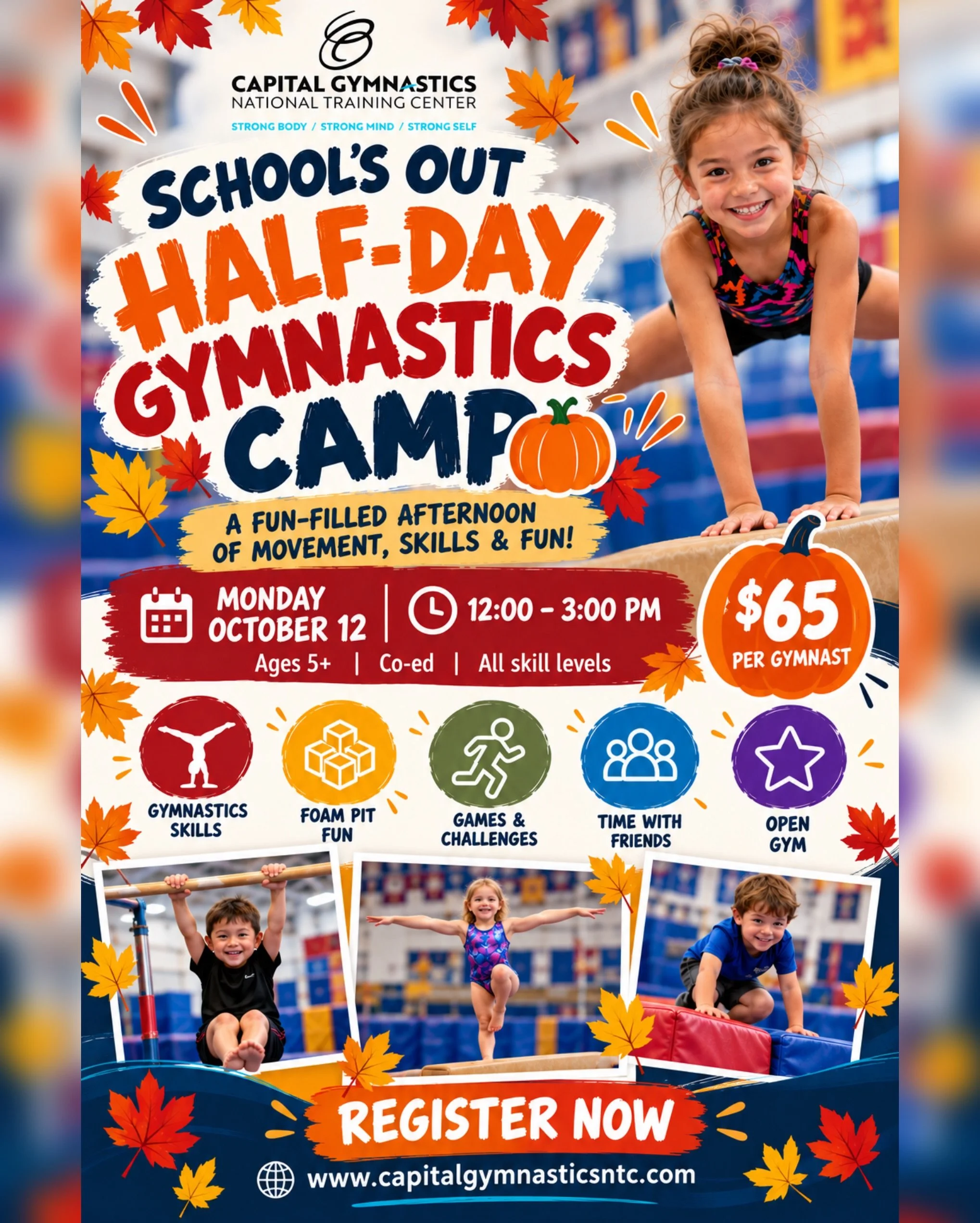 🍁🤸&zwj;♀️ School&rsquo;s Out = Gymnastics Fun! 🤸&zwj;♂️🍁

Looking for the perfect way to keep your gymnast moving while school is out? Join us for our Half-Day Gymnastics Camp! 🎃✨

💪 Gymnastics skills
🧱 Foam pit fun
🎯 Games &amp; challenges
?