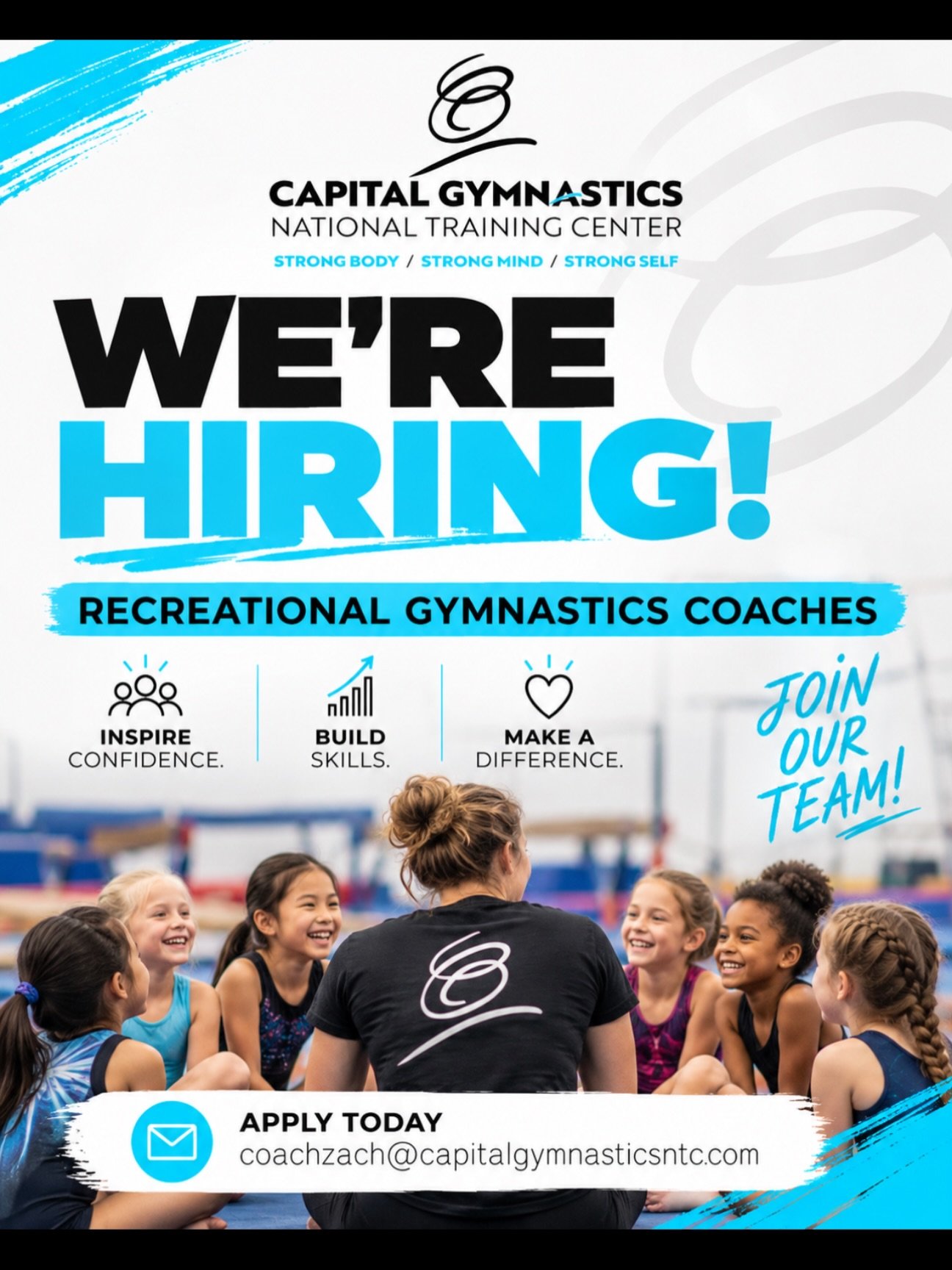 🤸&zwj;♀️✨ WE&rsquo;RE HIRING! ✨🤸&zwj;♀️

Do you love gymnastics and making a difference in kids&rsquo; lives? 💙 Capital Gymnastics National Training Center is looking for enthusiastic Recreational Gymnastics Coaches to join our team!

💪 Inspire c