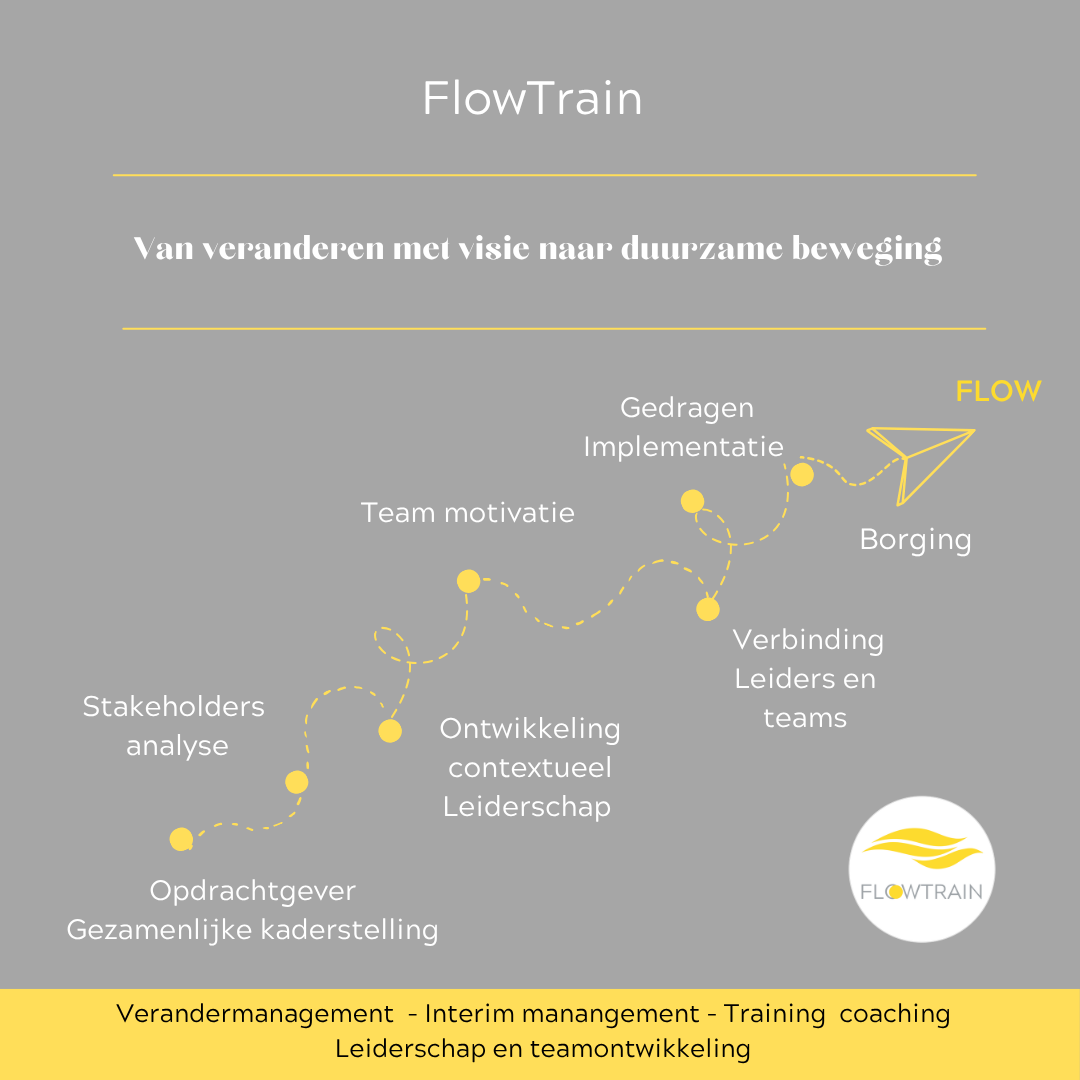 FlowTrain diagram illustrating the transition from vision to sustainable change, showing steps like stakeholder analysis, defining the client, developing contextual leadership, team motivation, behavioral implementation, connecting leaders and teams, and finally shifting to 'flow' with an arrow representing continuous movement. The background is gray, with yellow dots and lines, and includes the FlowTrain logo and a yellow bar with the text describing change management, training, coaching, leadership, and team development.