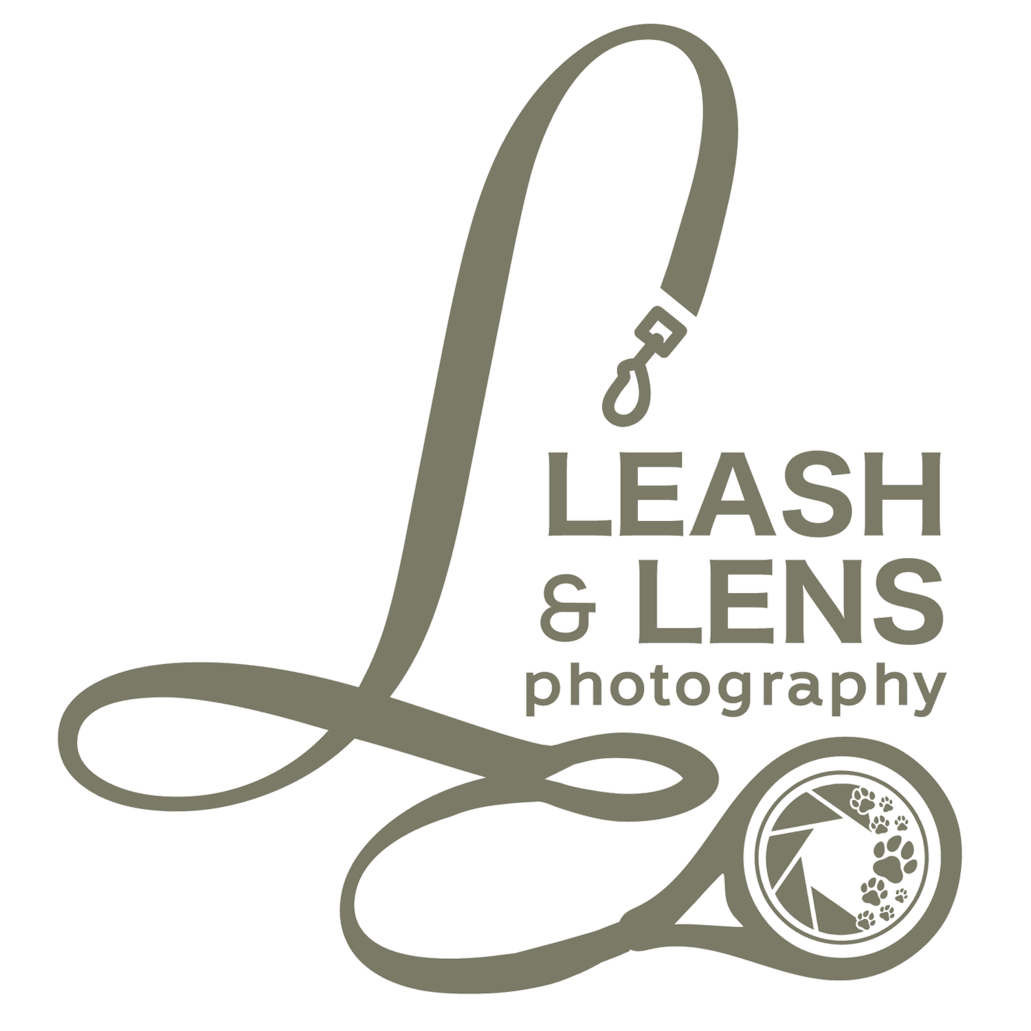 Logo for Leash & Lens Photography featuring a pair of scissors with a camera lens at the finger hole, and the text 'Leash & Lens Photography'.