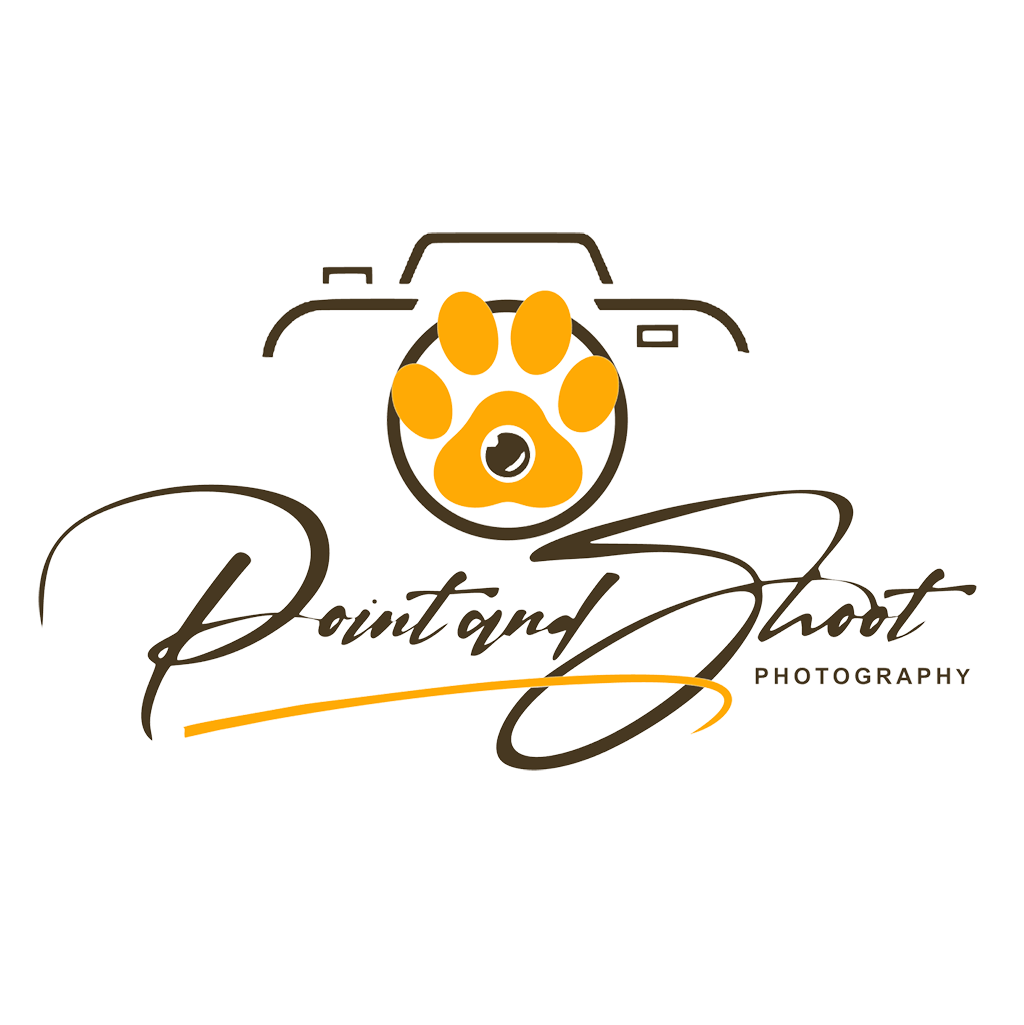 Logo for Point and Shoot Photography featuring a stylized camera outline with a paw print in the center.