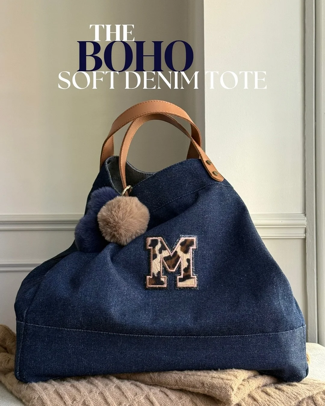 My New obsession alert! 
Our much loved Classic Denim Tote  just got a laid back makeover! 
Now softer, slouchier & effortlessly cool.
Say hey to the new Boho Denim slouchy Tote, complete with brand new leopard print letters and our signature pom