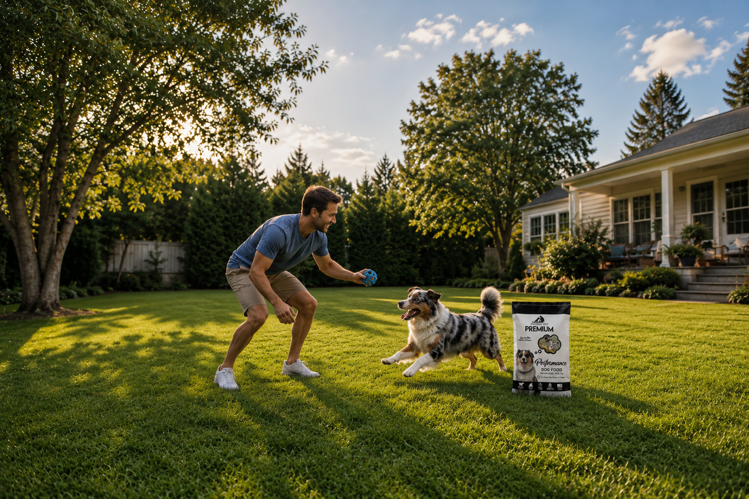 A man playing fetch with a Australian Shepherd dog in a backyard during sunset, with a bag of dog food nearby.
