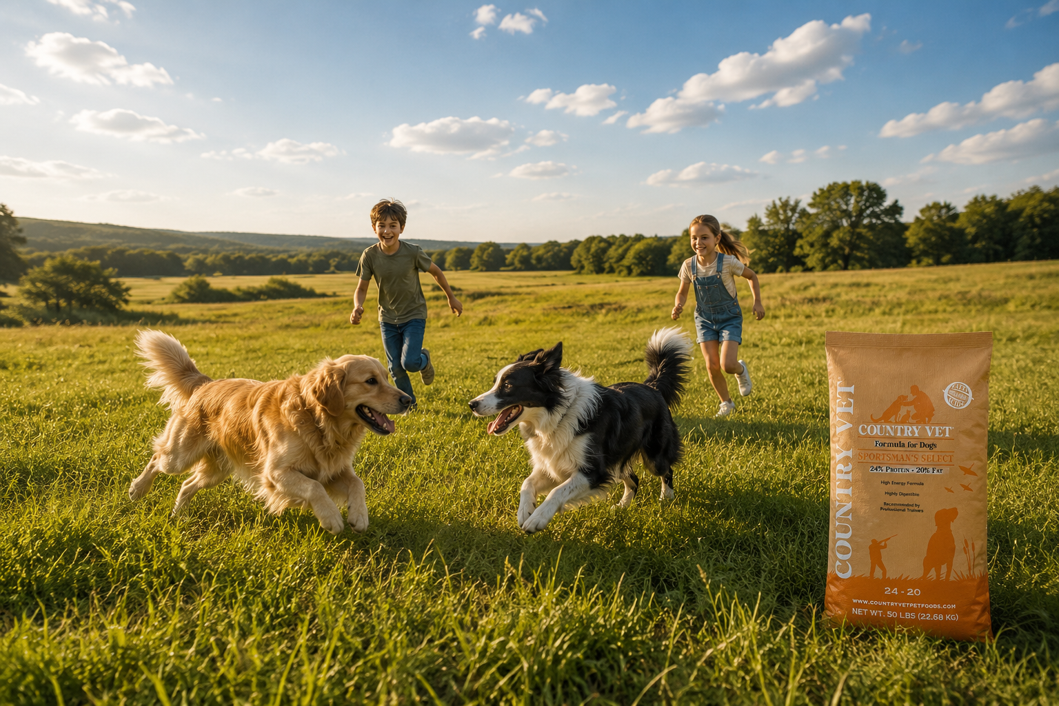 kids and dogs playing in a field