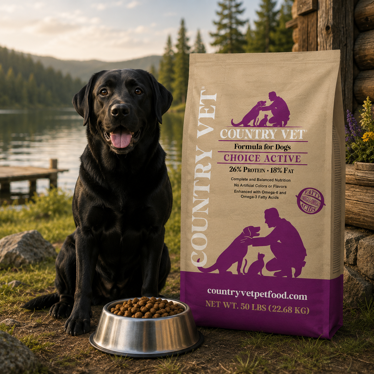 Dog with a bag of Country Vet Choice dog food