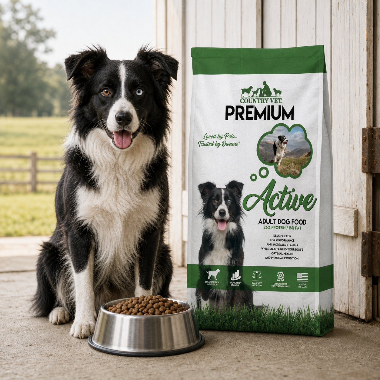 Dog sitting on a porch with a bag of Country Vet Premium Dog Food by the dog
