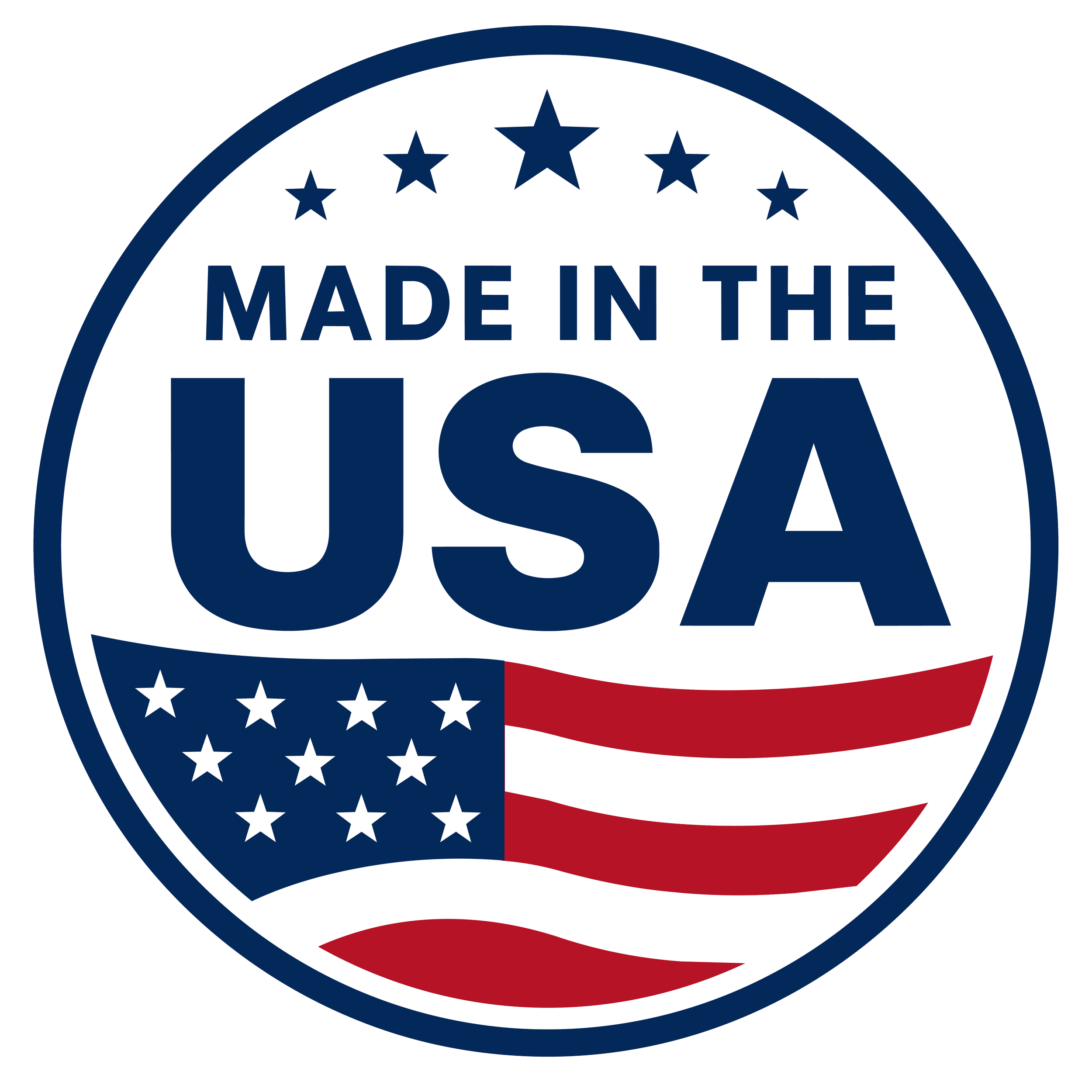 Close-up of a circular sticker with a patriotic American theme, featuring the words 'Made in the USA' and design elements in red, white, and blue, including stars and stripes.