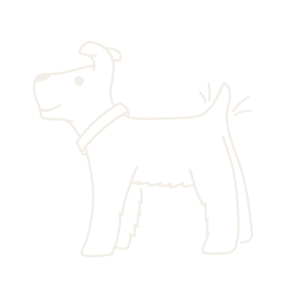 A simplistic line drawing of a dog with a collar on a black background.