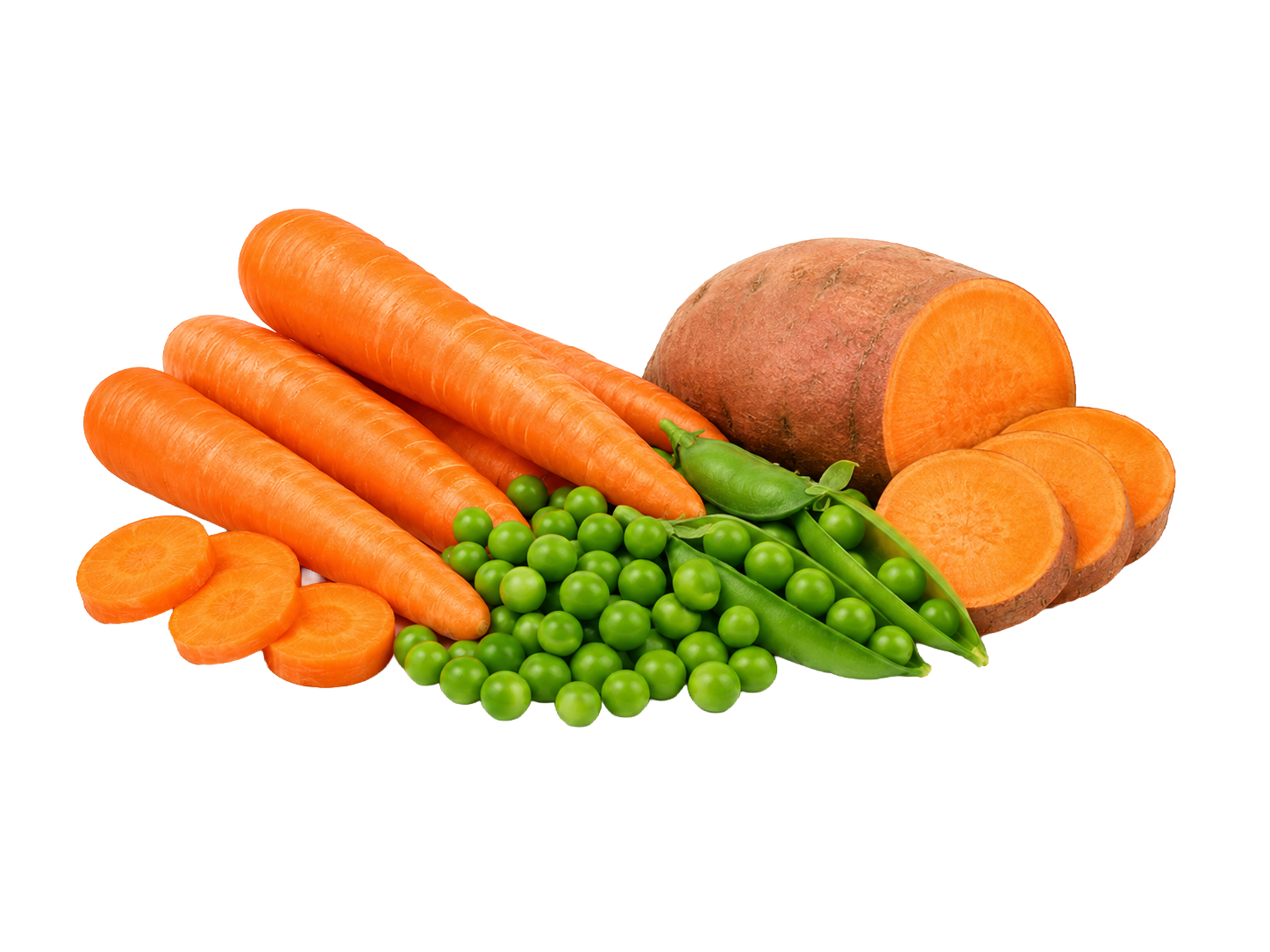 peas, carrots, and sweet potatoes
