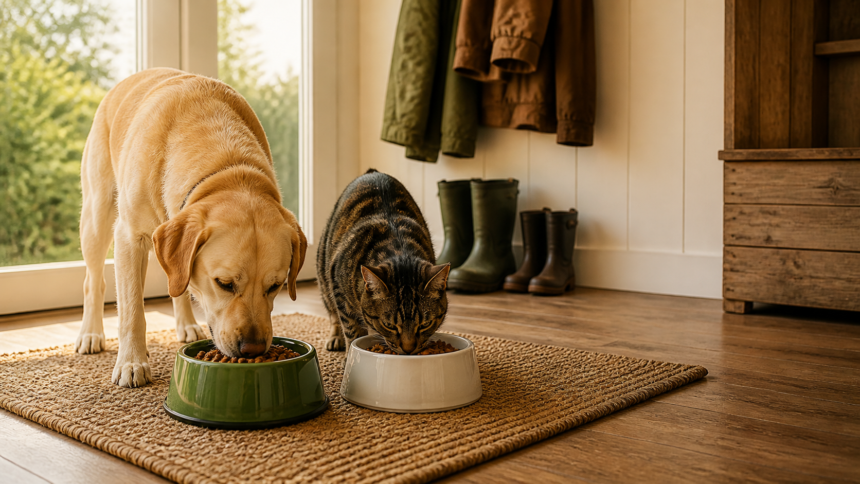 dog and cat eating in a mudroom
