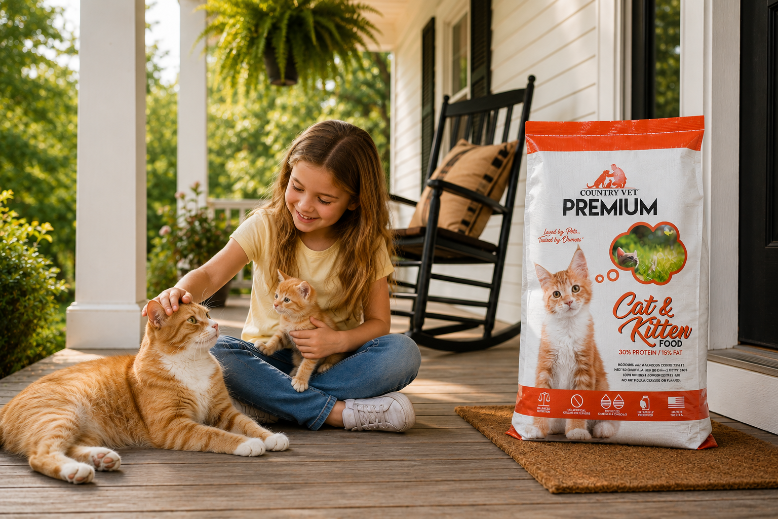 Little girl of a porch petting a cat and holding a kitten