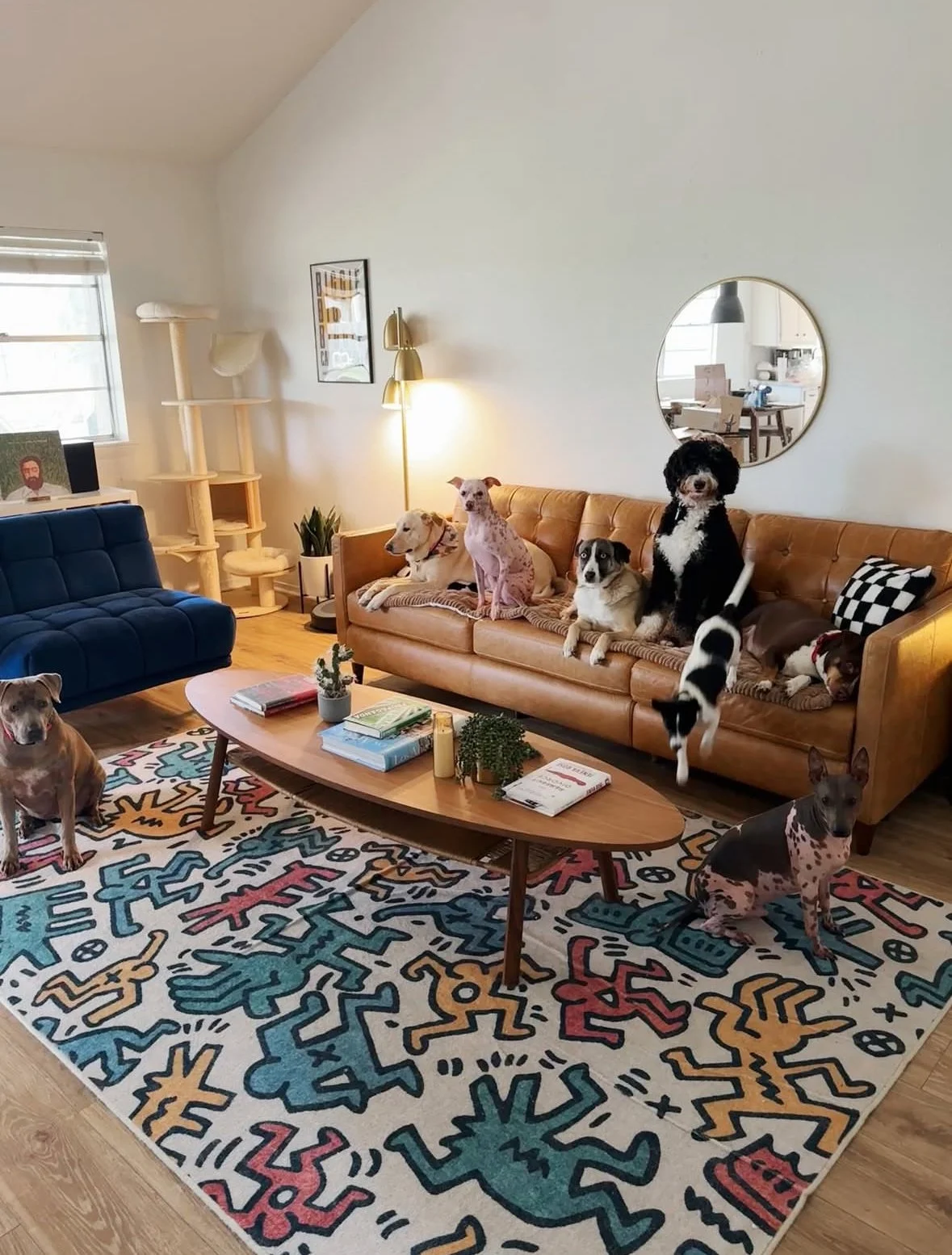 Living room with multiple dogs on a tan leather sofa and a dog on the patterned rug, a wooden coffee table with books and decorative items, a blue armchair, a cat tree, and a round mirror on the wall.