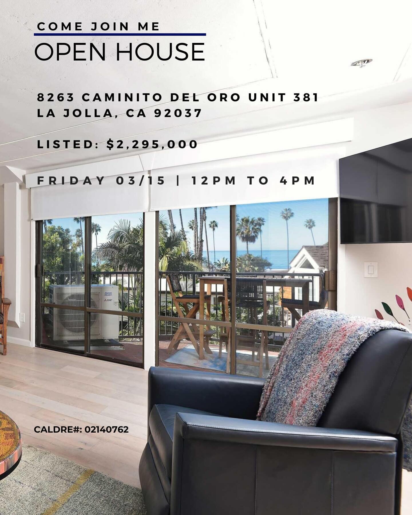 Mixin&rsquo; it up with a Friday afternoon open house at this very special condo opportunity just steps from the beach in La Jolla Shores. 2 bedroom, 2 bath with den(or 3rd bedroom option) that has southern and western facing ocean view exposure. Cor