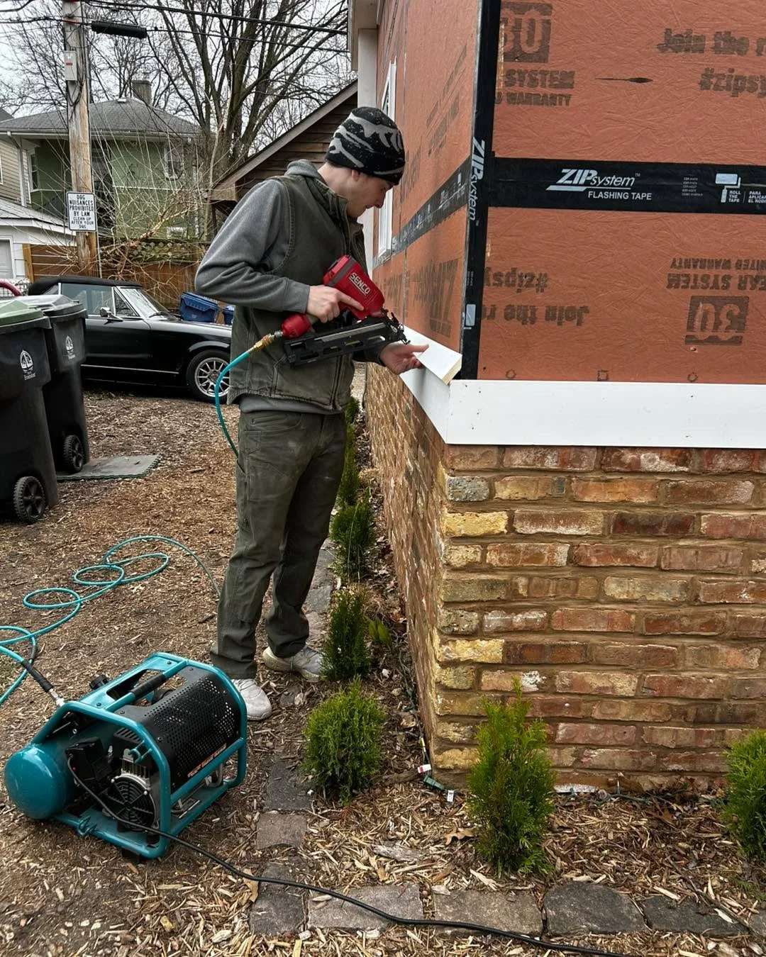 Ahern Fine Carpentry shop getting exterior trim out. Primed cedar clabbered siding. # carpenter #builder #evanstoncarpenter