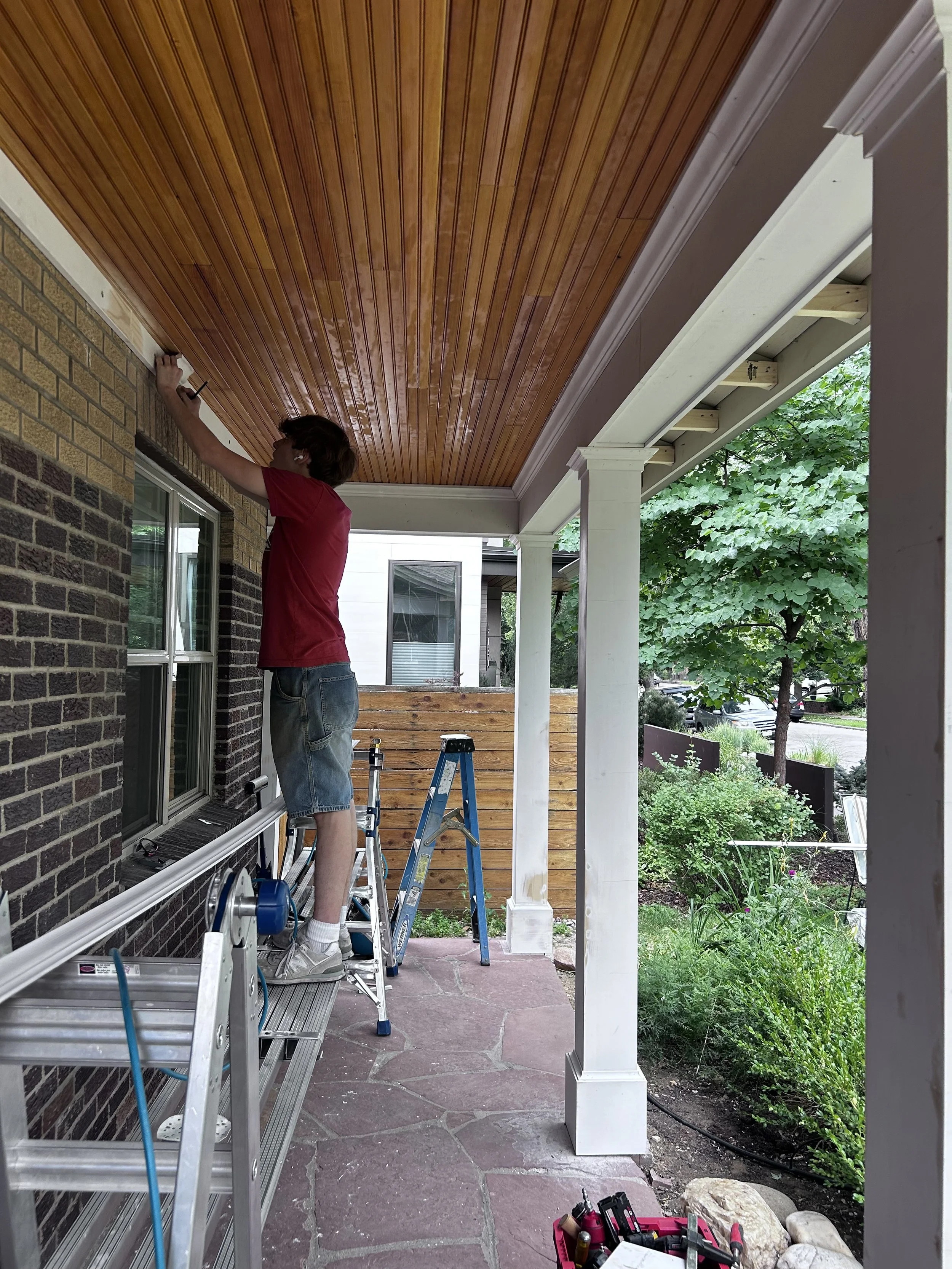 Installing the front porch bead board ceiling