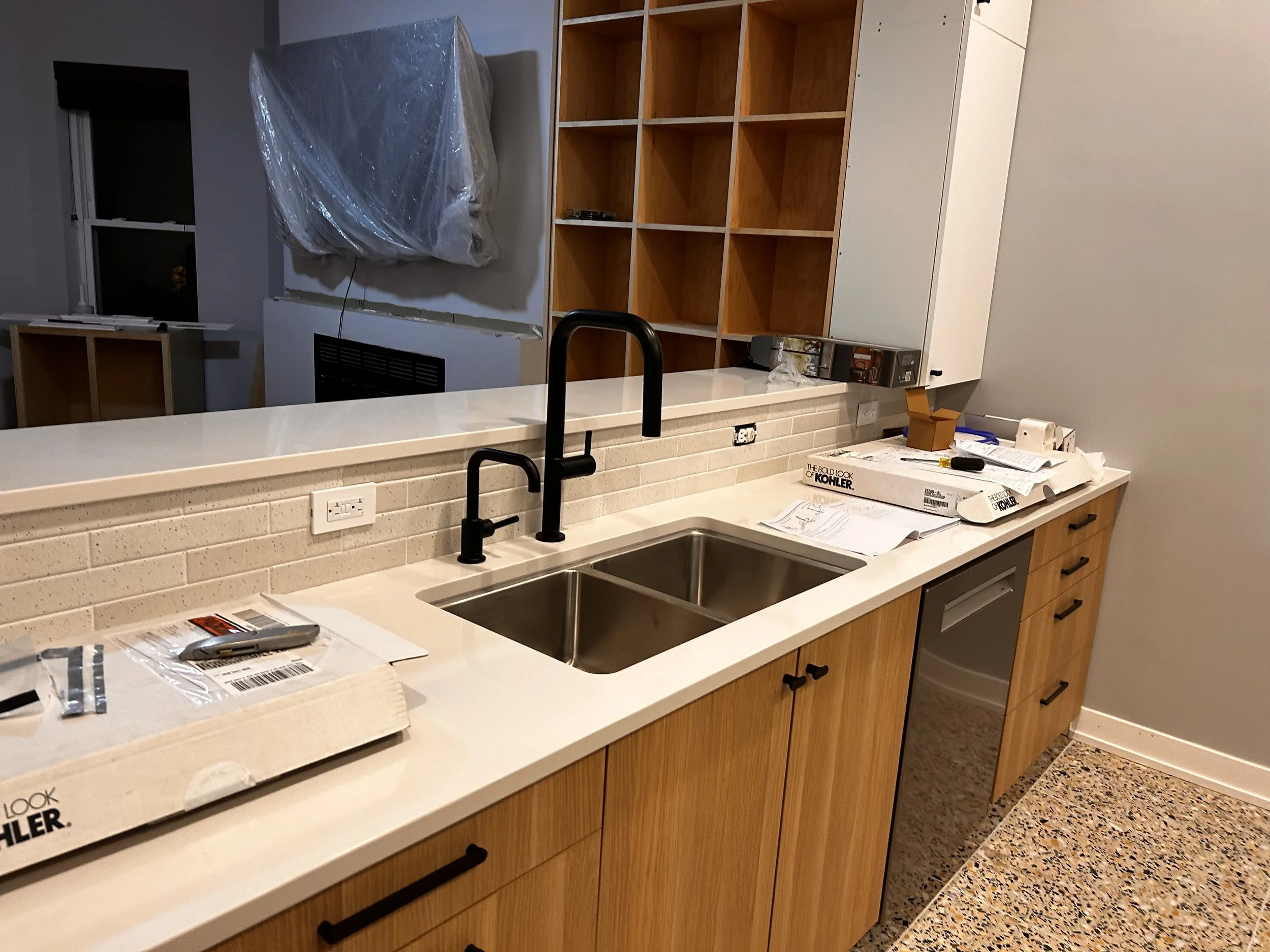 Dishwasher, disposal, water filter installed and plumbing hooked up. Custom built-ins going in