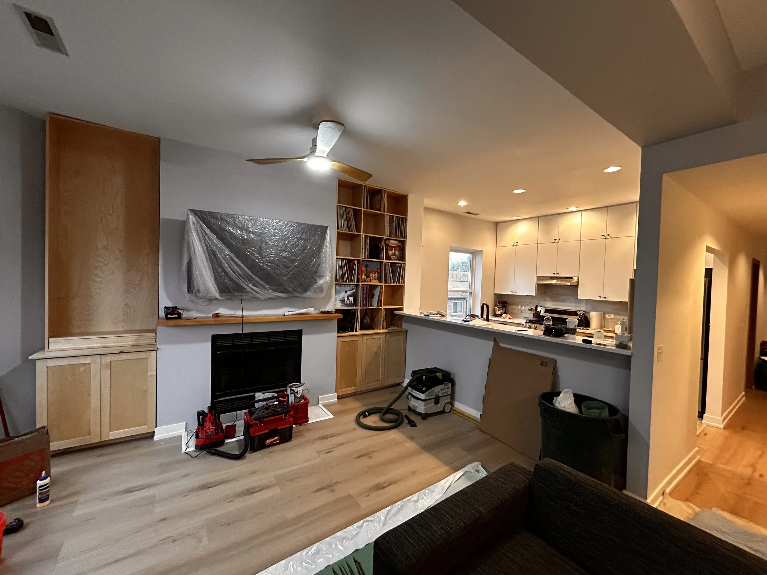 The lower cabinets have access to electrical outlets inside, to connect stereo gear and the wall mounted television