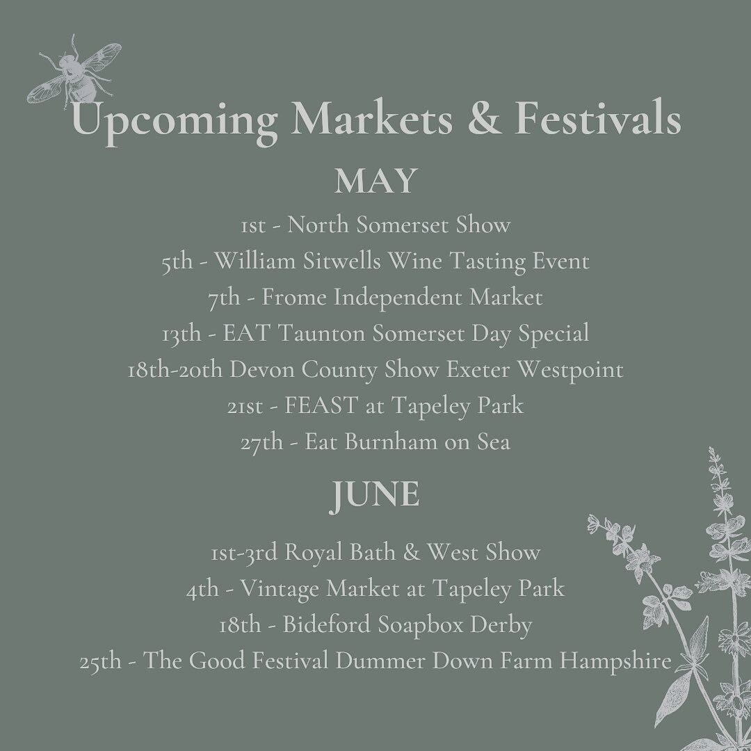 What a busy couple of months!
@northsomersetshow @williamsitwell @eatfestivals @devoncountyshow @southmoltonfleamarket @royalbathandwest @bidefordsoapboxderby @goodfestivalhampshire