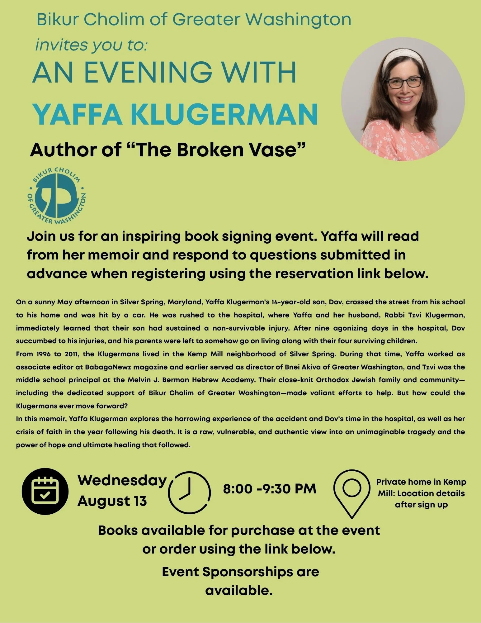 An (in person) Evening with Yaffa Klugerman: Author of “the broken vase”.