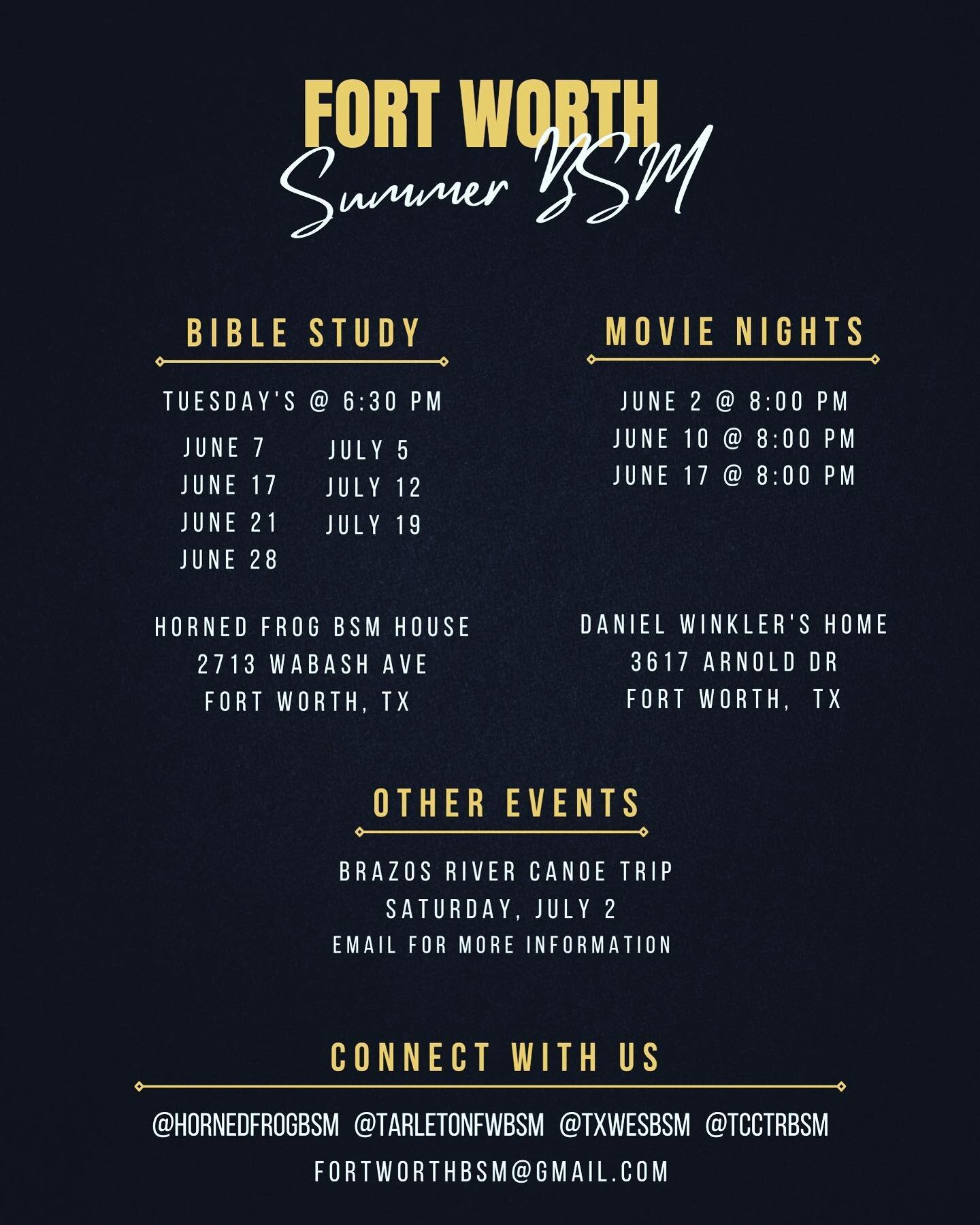 Hey y&rsquo;all! Here&rsquo;s our summer schedule for the BSM and you&rsquo;re not gonna wanna miss out! Make sure to stick around after Bible study because we&rsquo;ll be doing something fun after. Hope to see y&rsquo;all there!
