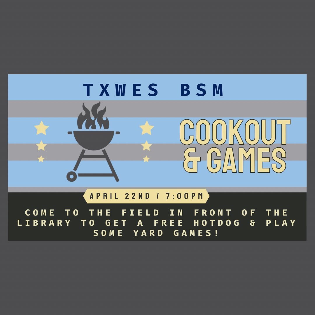 Hey y&rsquo;all! Tomorrow at 7, we&rsquo;re having a cookout and playing yard games! You&rsquo;re all invited, so make sure to bring a friend. We&rsquo;ll have free hot dogs, be playing cornhole, ladder ball, oh and giant Jenga!! It&rsquo;s gonna be 