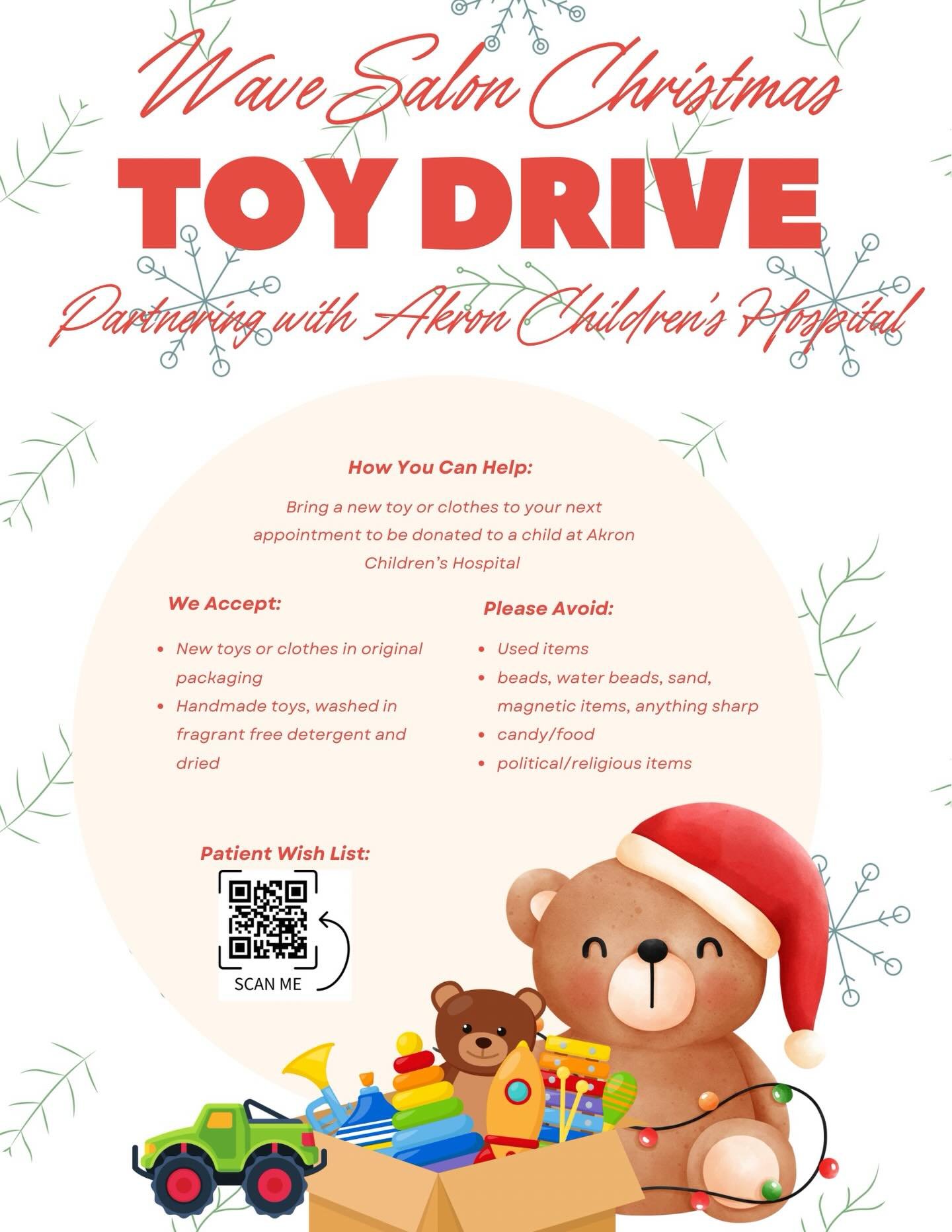 Super excited to say we are partnering with Akron Children&rsquo;s Hospital this year to do a toy drive! Our goal is to donate as many toys and clothes we possibly can so no child is without on Christmas! 

If you&rsquo;d like to donate, please bring