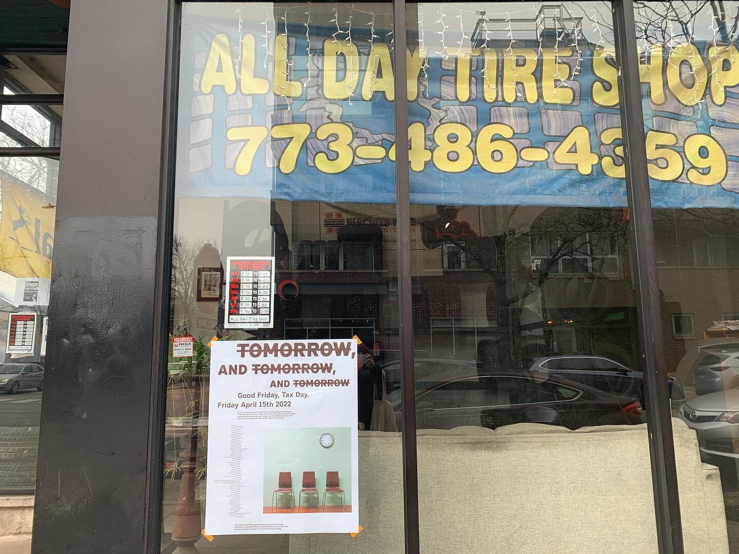 Big thanks to #divisionstreet #tireshop for promoting the group artist exhibition #tomorrowtomorrowtomorrow organized by @IOTO #industryoftheordinary artist duo opening at the Design Museum of Chicago on #friday.