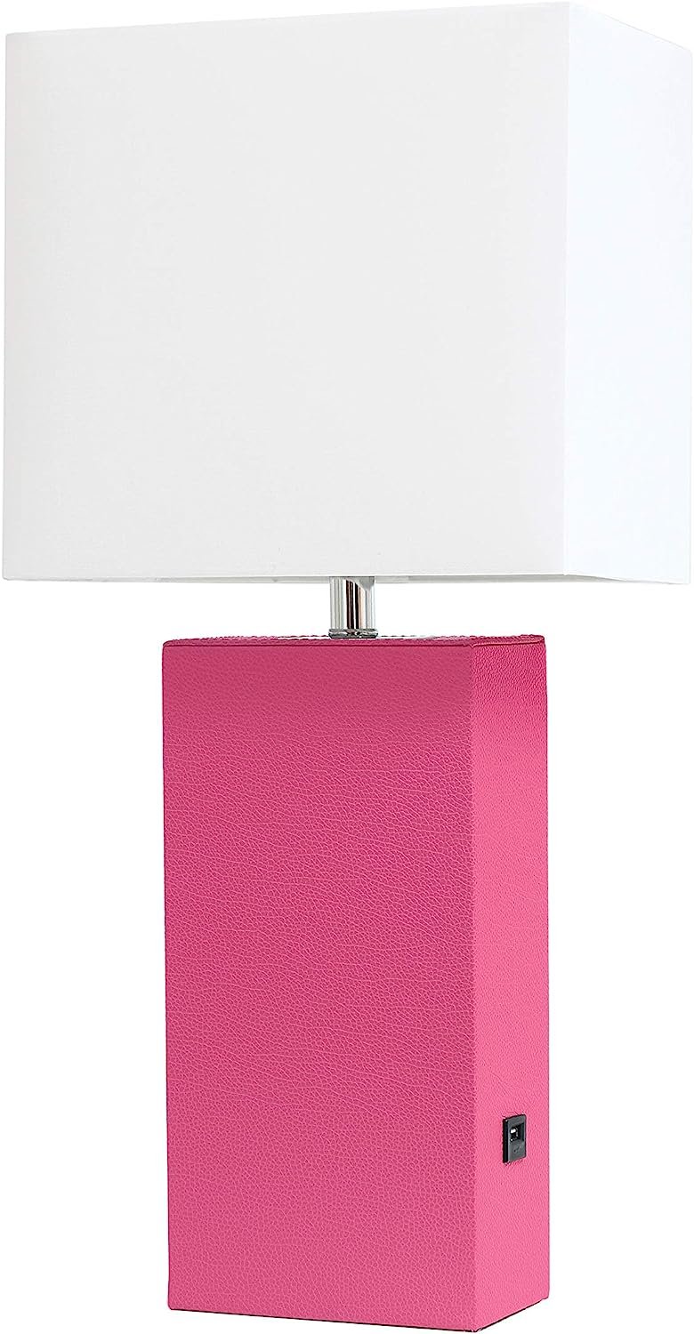 Elegant Designs LT1053-HPK Modern Leather USB and White Fabric Shade Table Lamp, Hot Pink