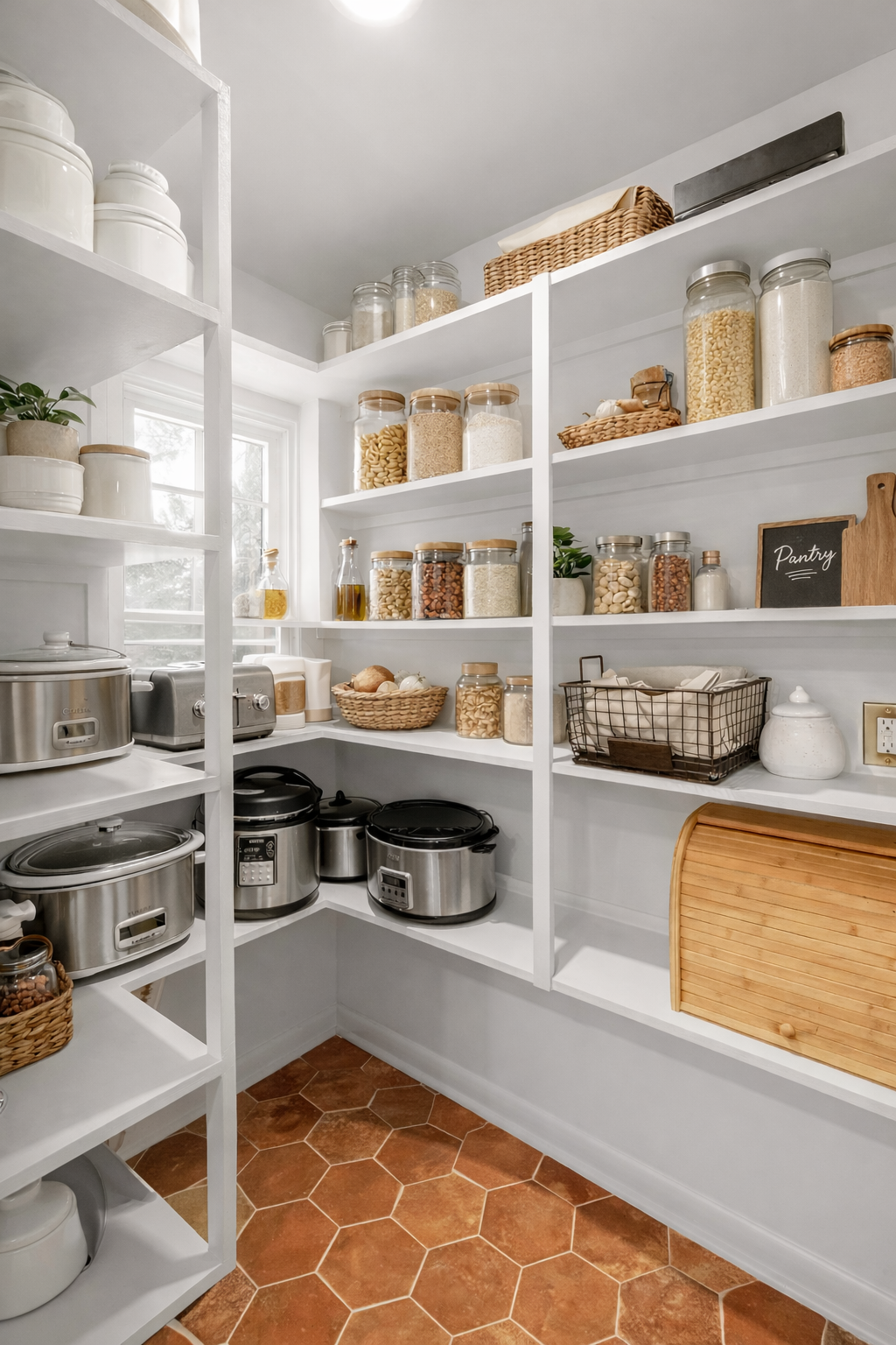 Custom pantry shelving in a Williamsburg, VA kitchen remodel, created by converting the home’s former powder room into a walk-in pantry. Designed by AWH Interiors.