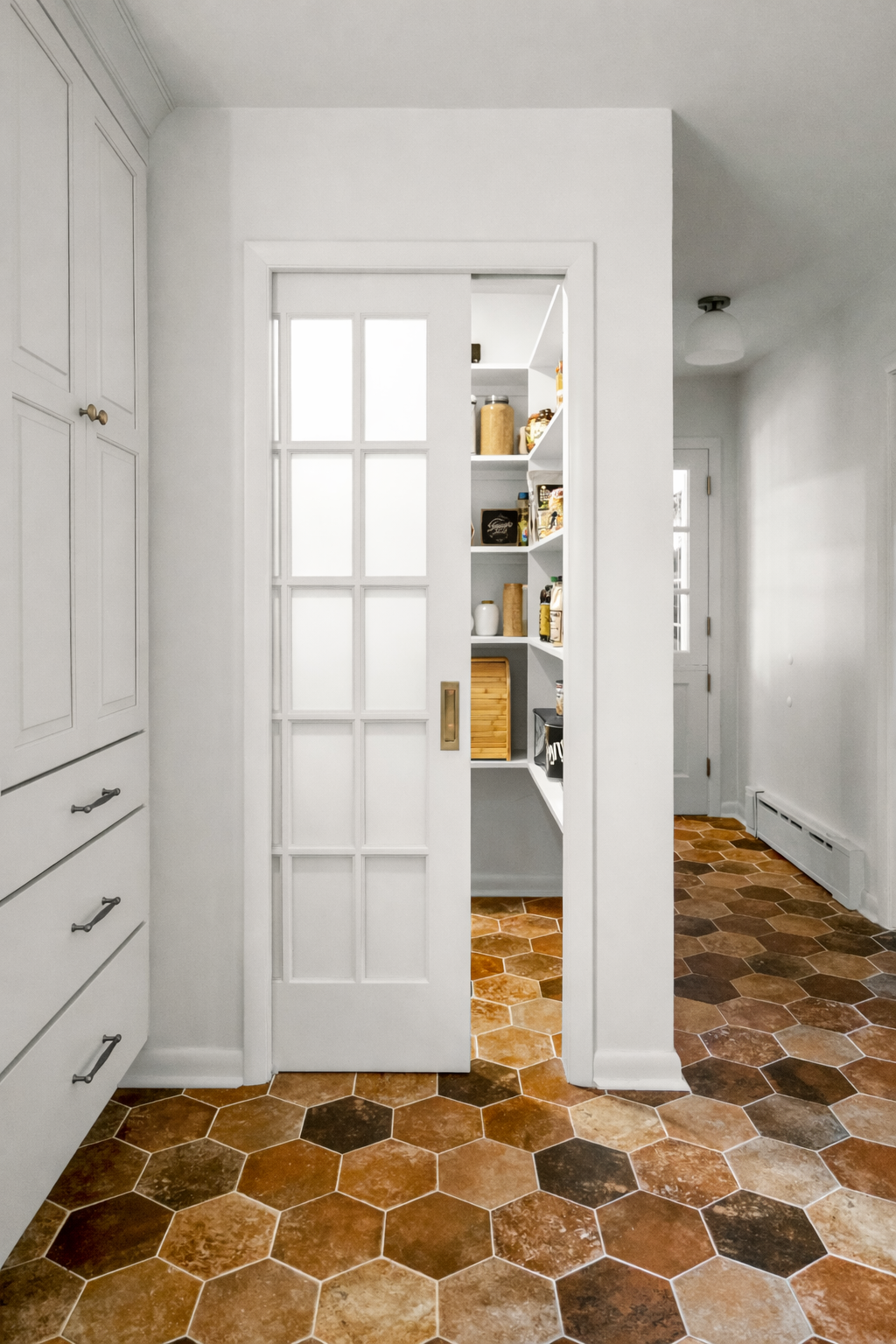 Walk-in pantry in a Williamsburg, Virginia kitchen remodel created by converting the home’s former powder room, adding custom shelving and storage where the original kitchen previously had no pantry. Designed by AWH Interiors.