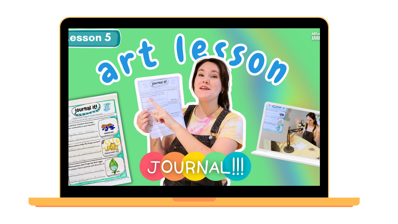 A young woman in a tie-dye shirt and black overalls stands in front of a colorful background on a computer screen, holding a worksheet. The screen displays 'art lesson' and 'JOURNAL!!!' with a picture of her in the corner, indicating she is recording or presenting an art lesson for a virtual class.