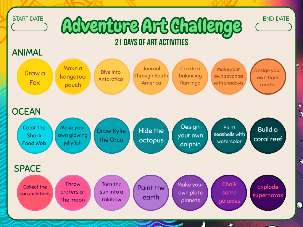 A colorful chart titled 'Adventure Art Challenge' listing 21 days of art activities across three categories: Animal, Ocean, and Space. The activities include drawing, making, diving, journaling, creating, designing, coloring, building, and exploding concepts.
