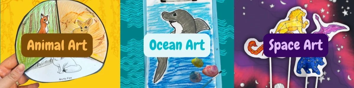 Split image showing three sections: left with animal art featuring a fox, fox cub, and Arctic fox; middle with ocean art including a shark and seashells; right with space art displaying a lion, scorpion, dolphin, and bear on a starry background.