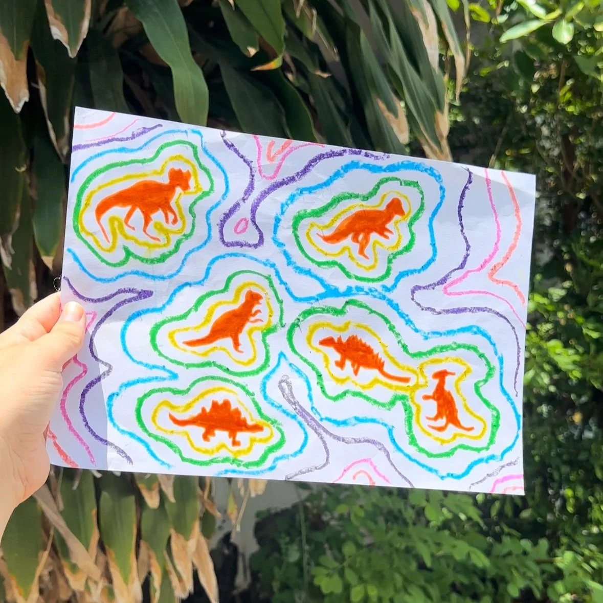 Colorful drawing of six different orange dinosaurs with layered multicolored contour lines on white paper, held up against greenery background.