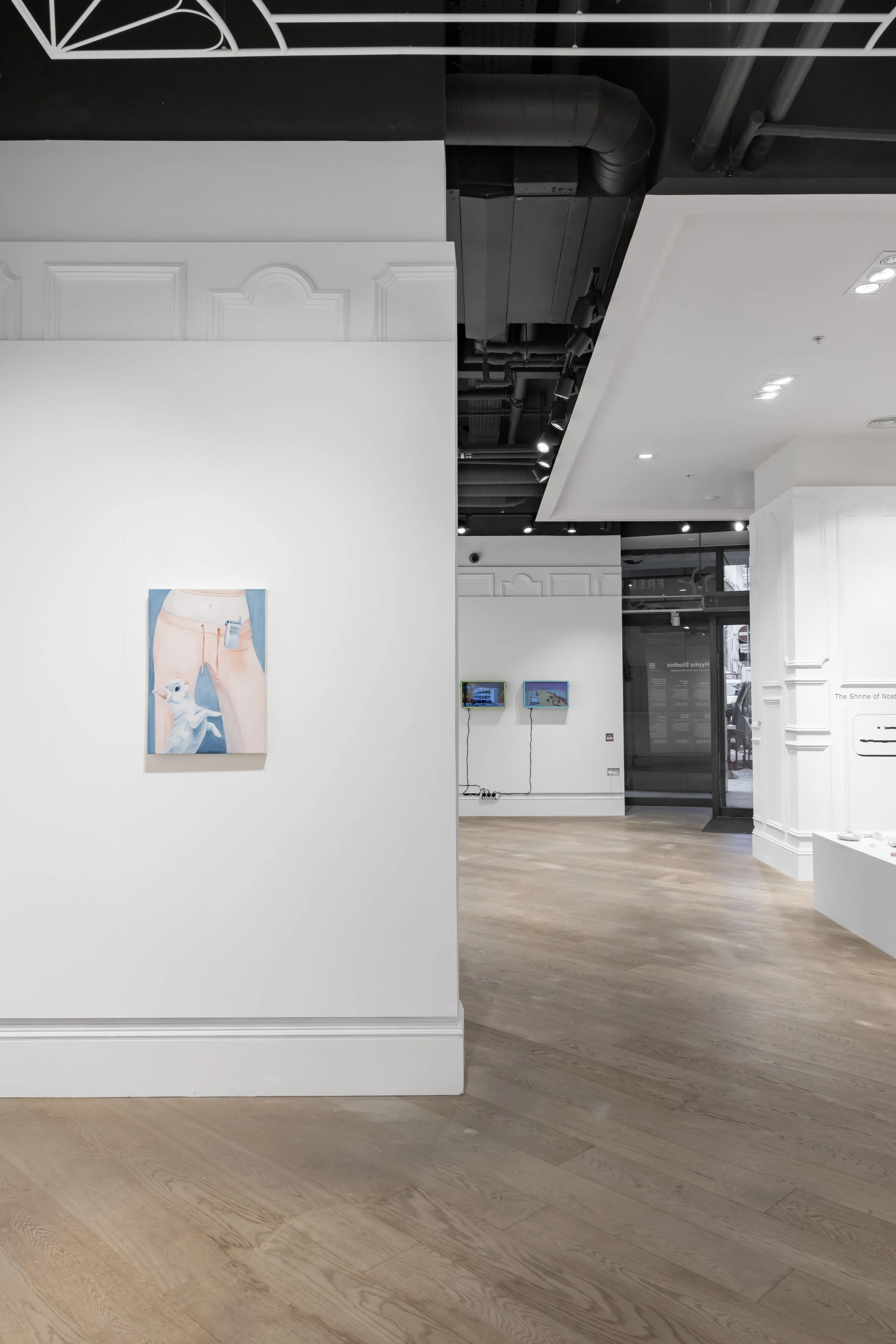 Installation view of Naomi Boiko-Stapleton’s painting That’s Hot in the exhibition INTERNET CAFE, depicting a pink tracksuit and a small dog in watercolour on cotton.