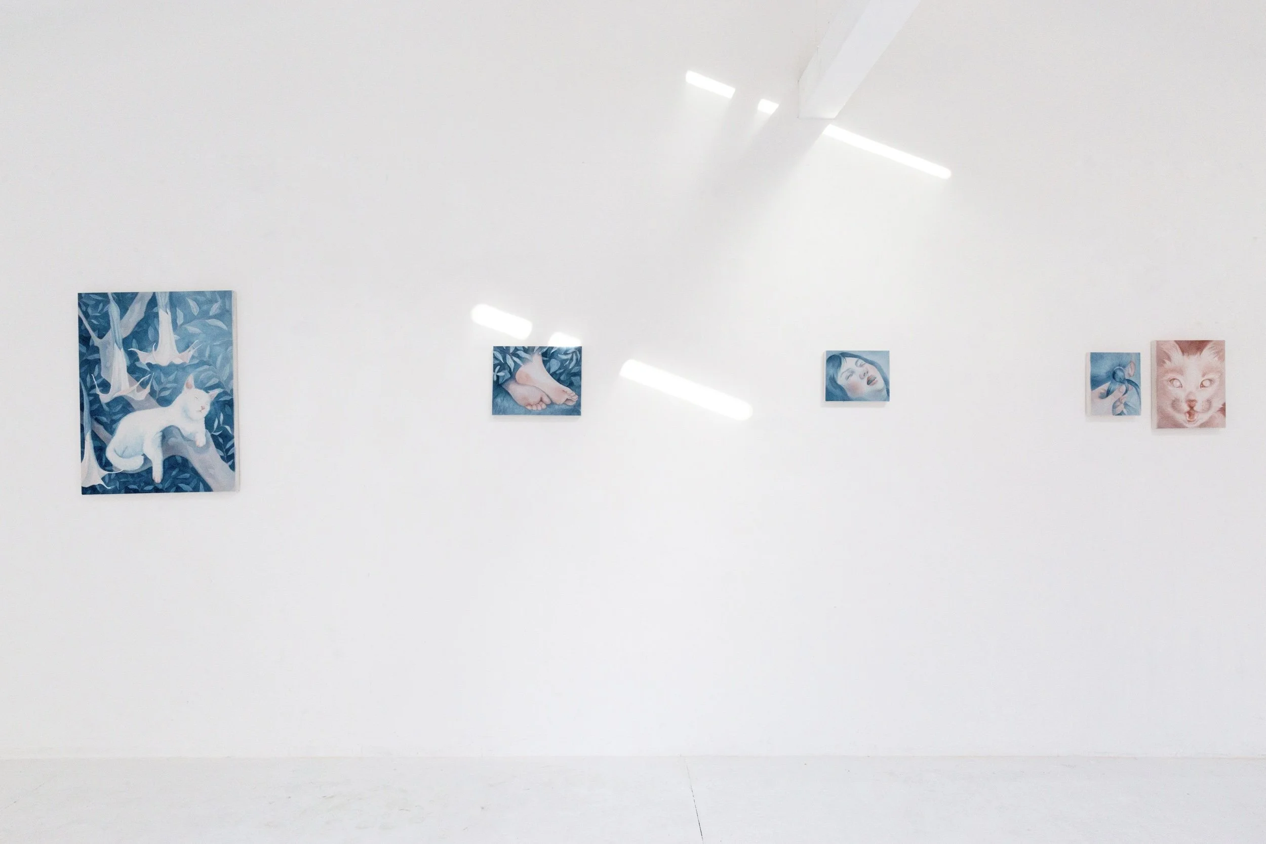 Gallery wall with five paintings, including a white cat in a forest, two hands clasped, a woman with closed eyes, a woman with blue hair, and a pink cat face.