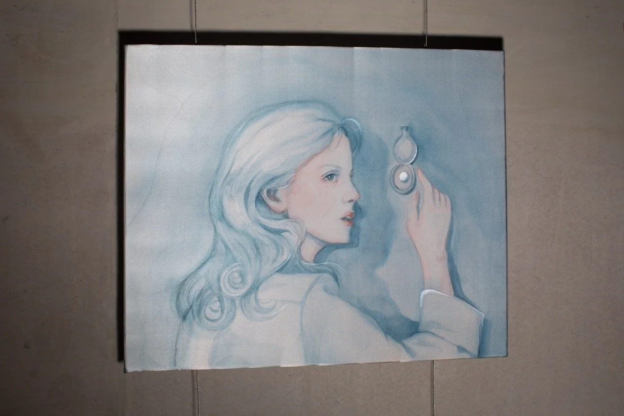 A painting of a woman with long, flowing, light-colored hair holding a compact mirror and looking into it.