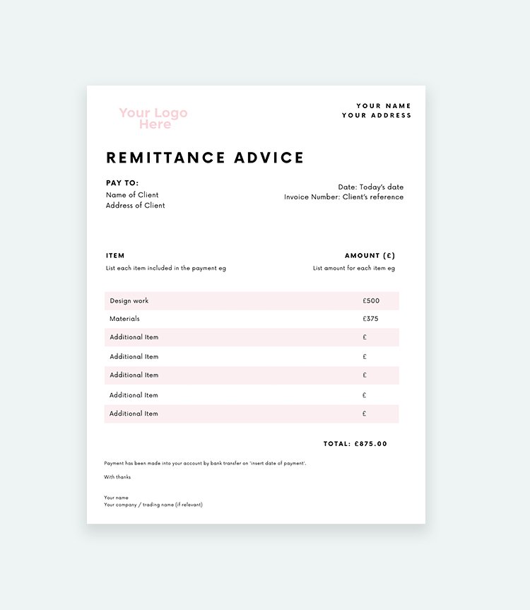 Remittance Advice Template — Freelancing Mums
