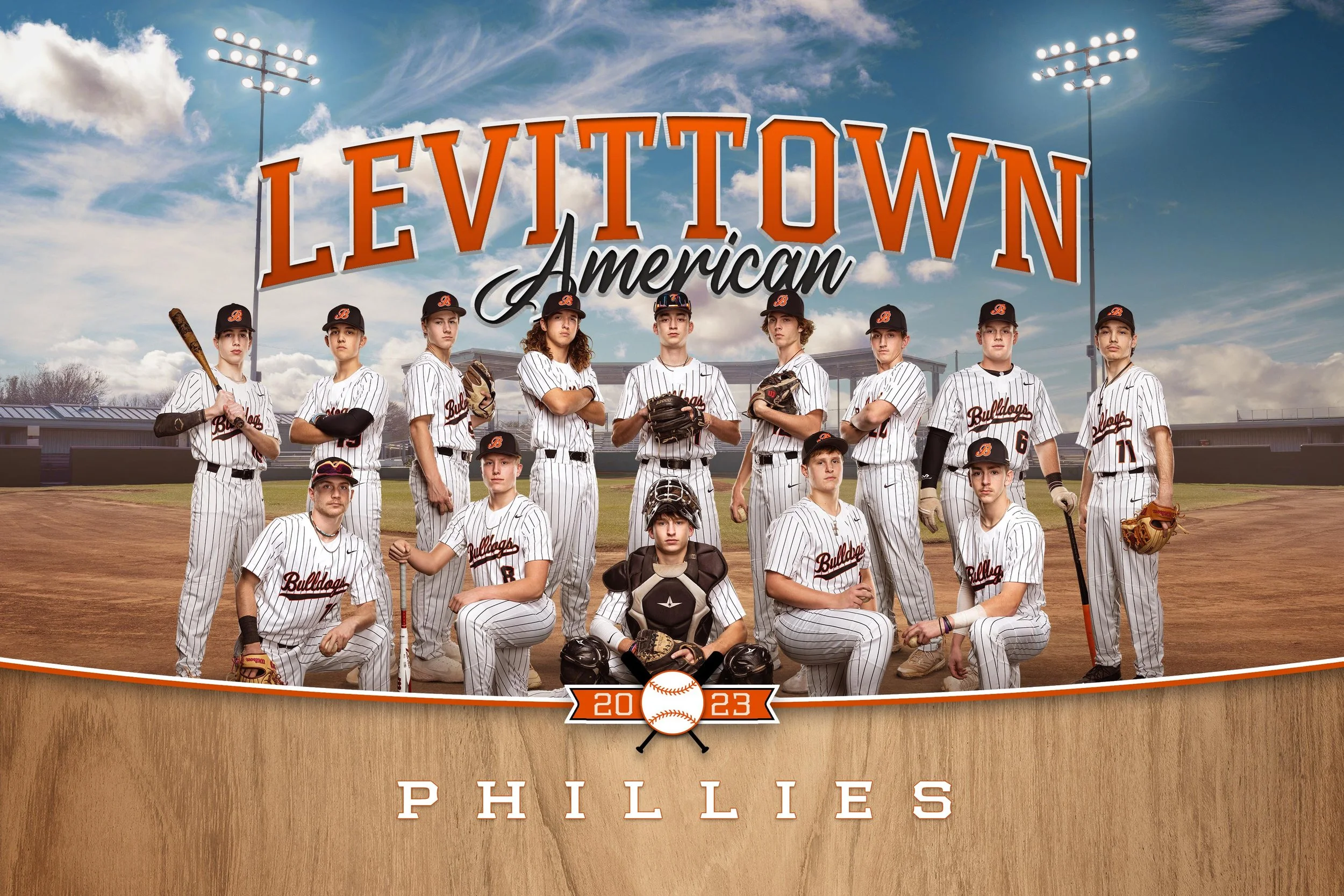 2023 Team Photo design. Customized with your league and team name. Team photos are created composite style with each player taken individual in our onsite photo studio. This ensures perfect lighting and expression for each player and that nobody is l