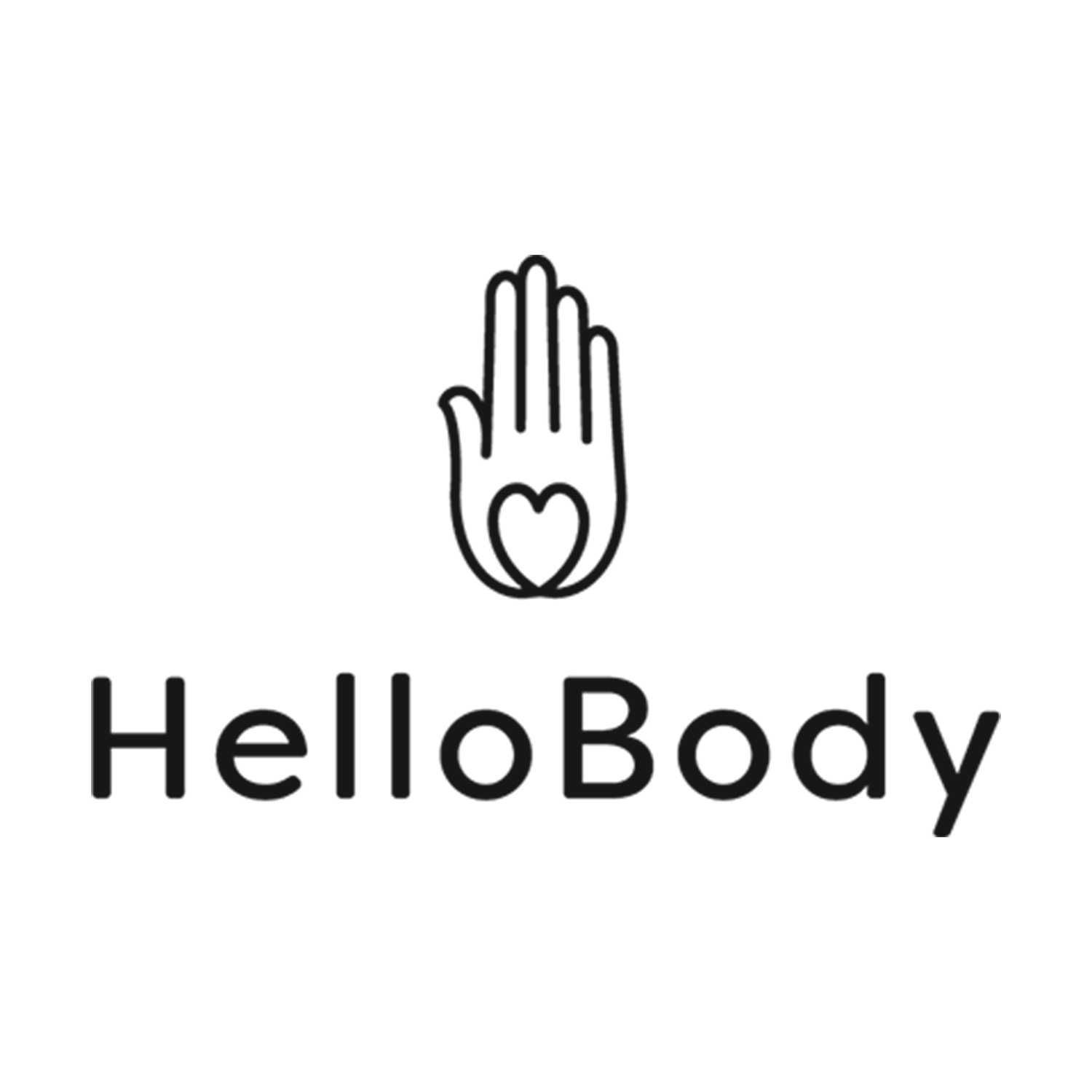 Logo featuring an outline of a hand with a heart in the palm above the text 'HelloBody'.