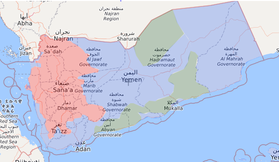 Red shows Houthi Territory, blue shows Yemeni Government territory, and green shows al-Qaeda territory  Source: https://yemen.liveuamap.com/ 23/06/2021
